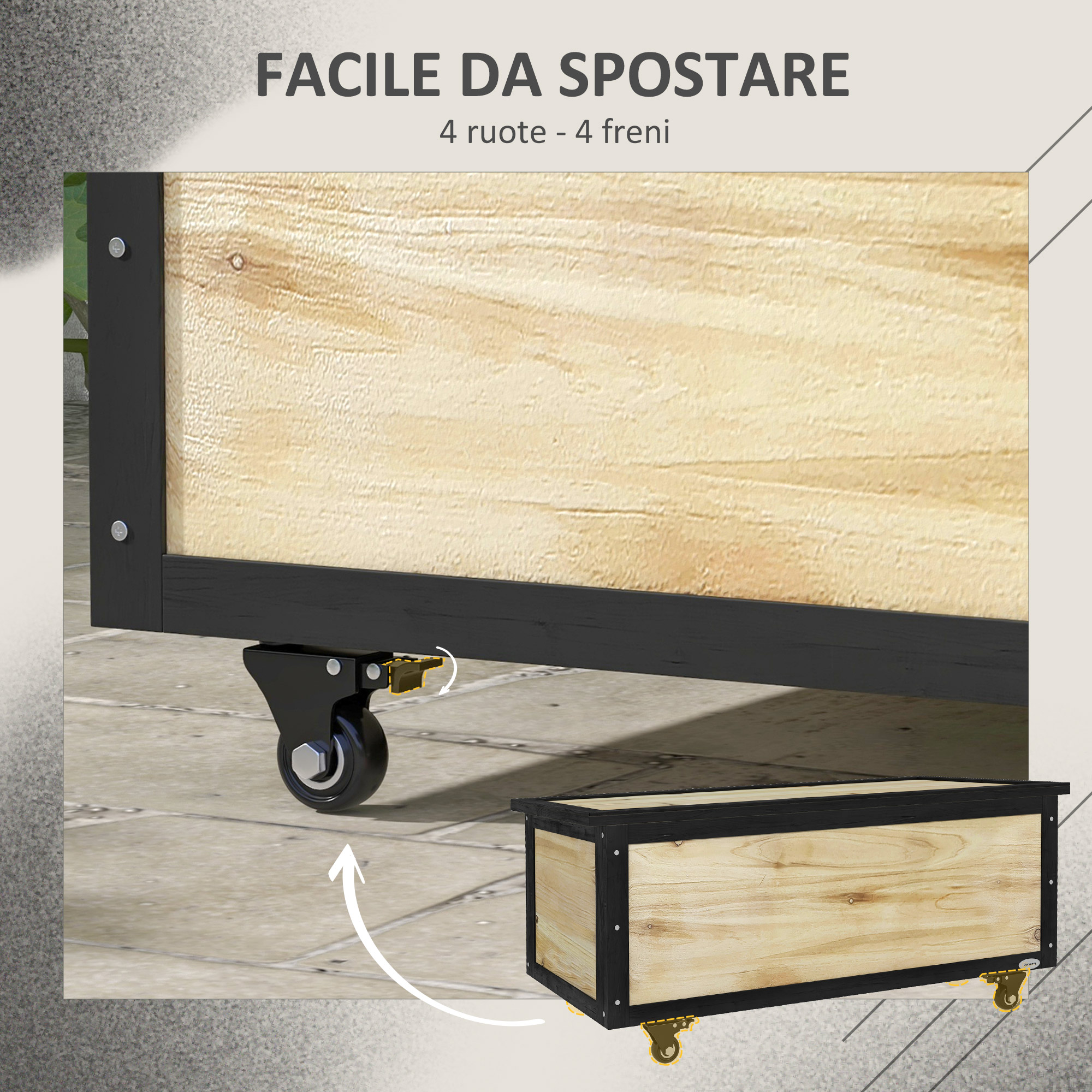 Cassa in legno con bordi neri e ruote. Primo piano di una ruota e di una cassa.