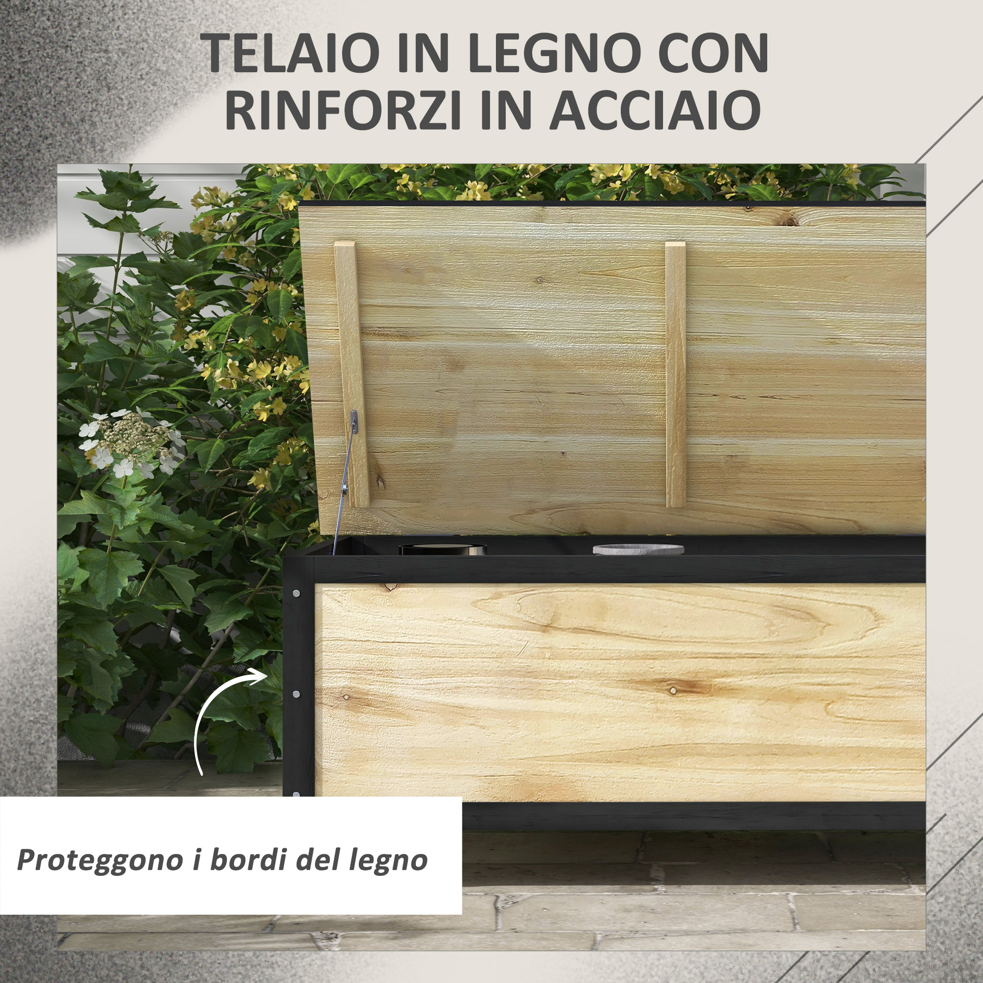 Telaio in legno con rinforzi in acciaio, cassa aperta, piante verdi sullo sfondo.