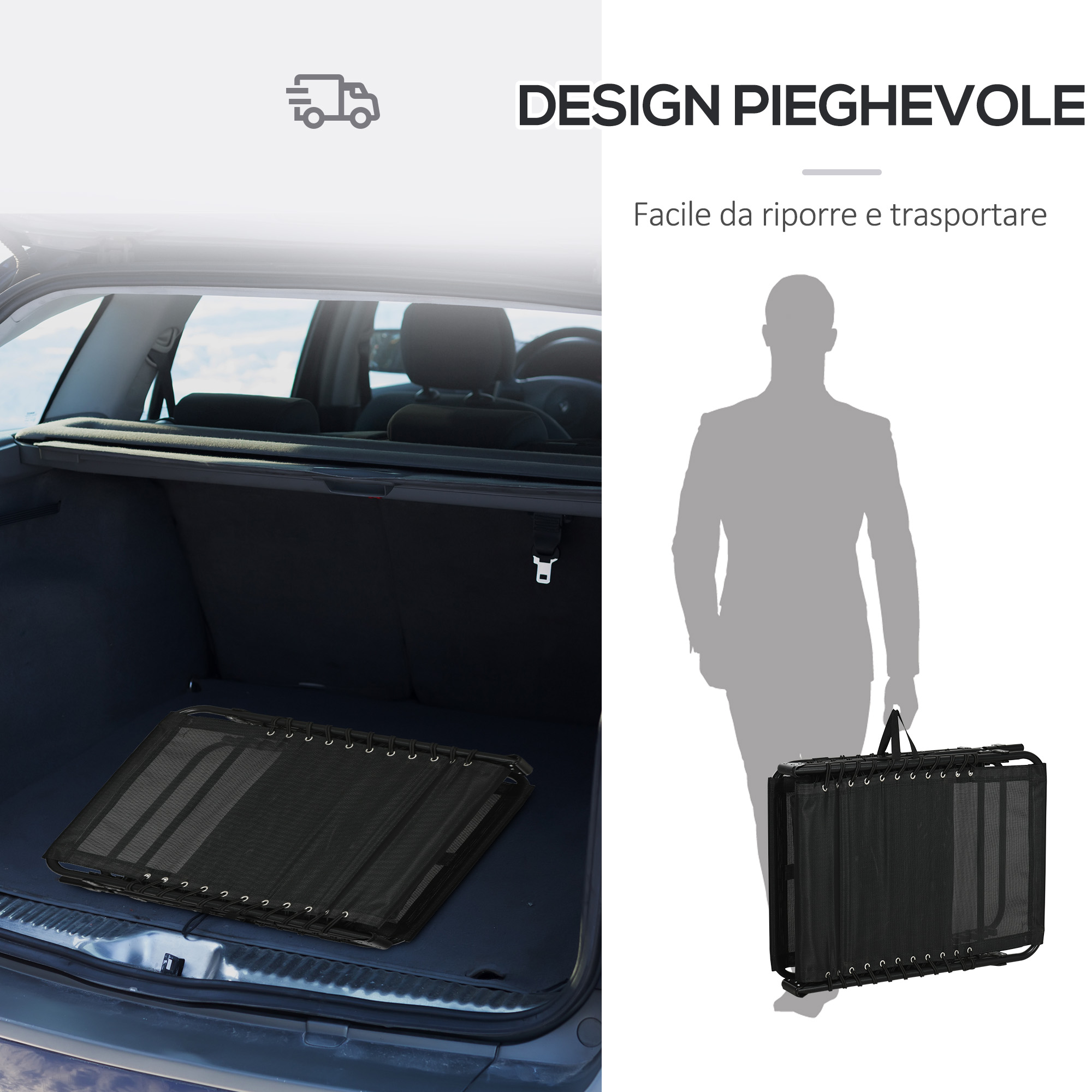 Sdraio pieghevole nero nel bagagliaio di un'auto e una persona che lo trasporta.
