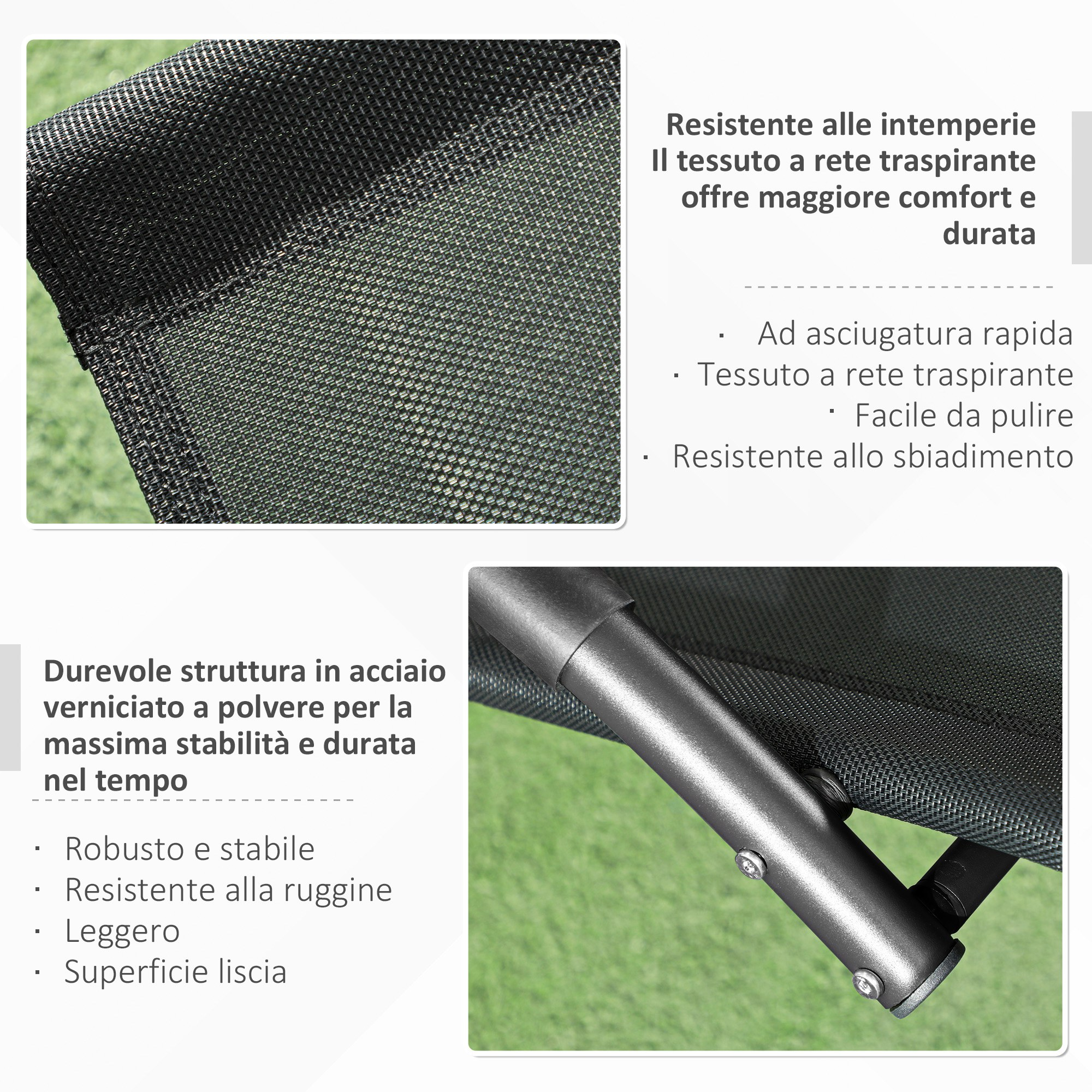 Tessuto a rete nero e telaio in metallo per un prodotto durevole e stabile.