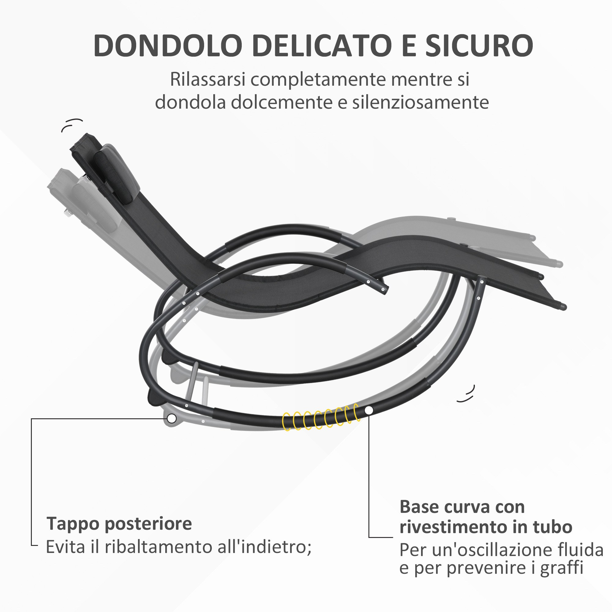Una poltrona a dondolo nera con telaio curvo e seduta in tessuto.