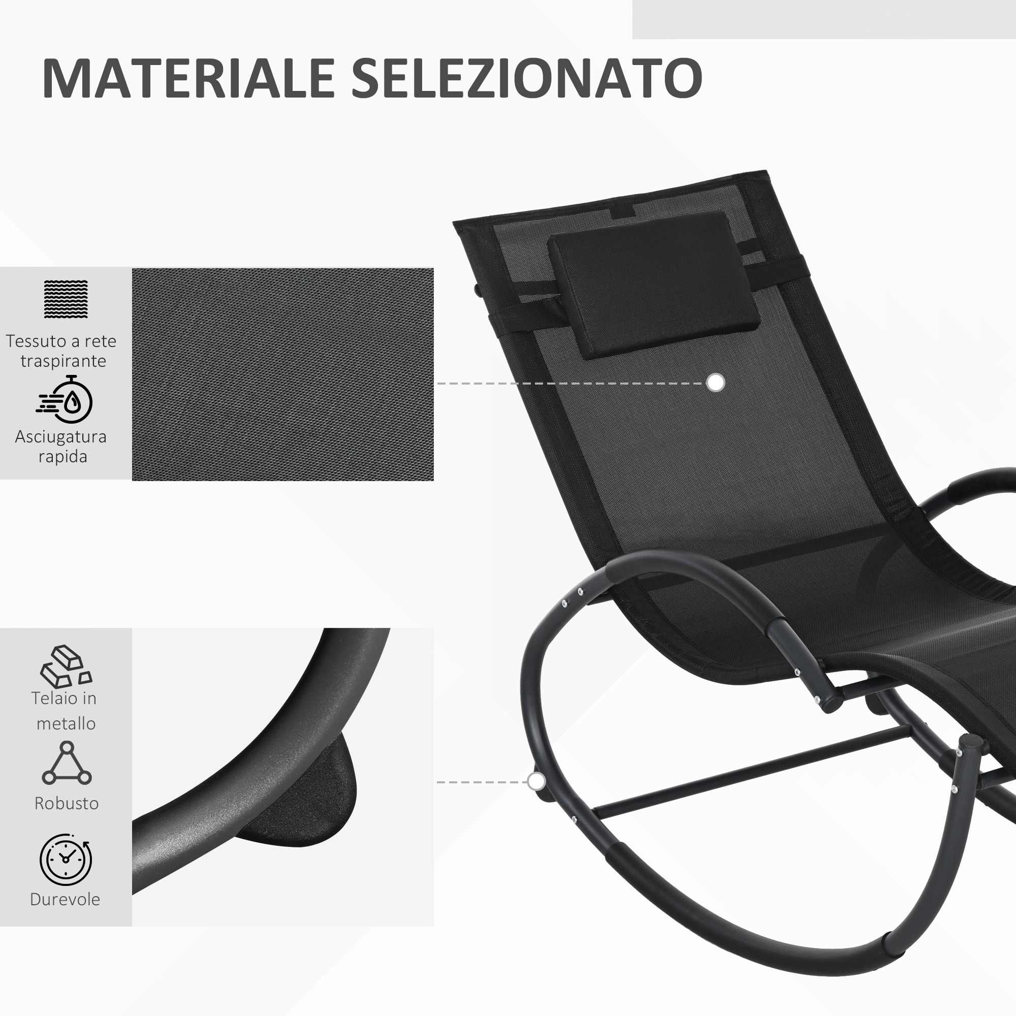 Una sedia a dondolo nera con tessuto a rete e telaio in metallo. Dettagli mostrano tessuto e telaio.