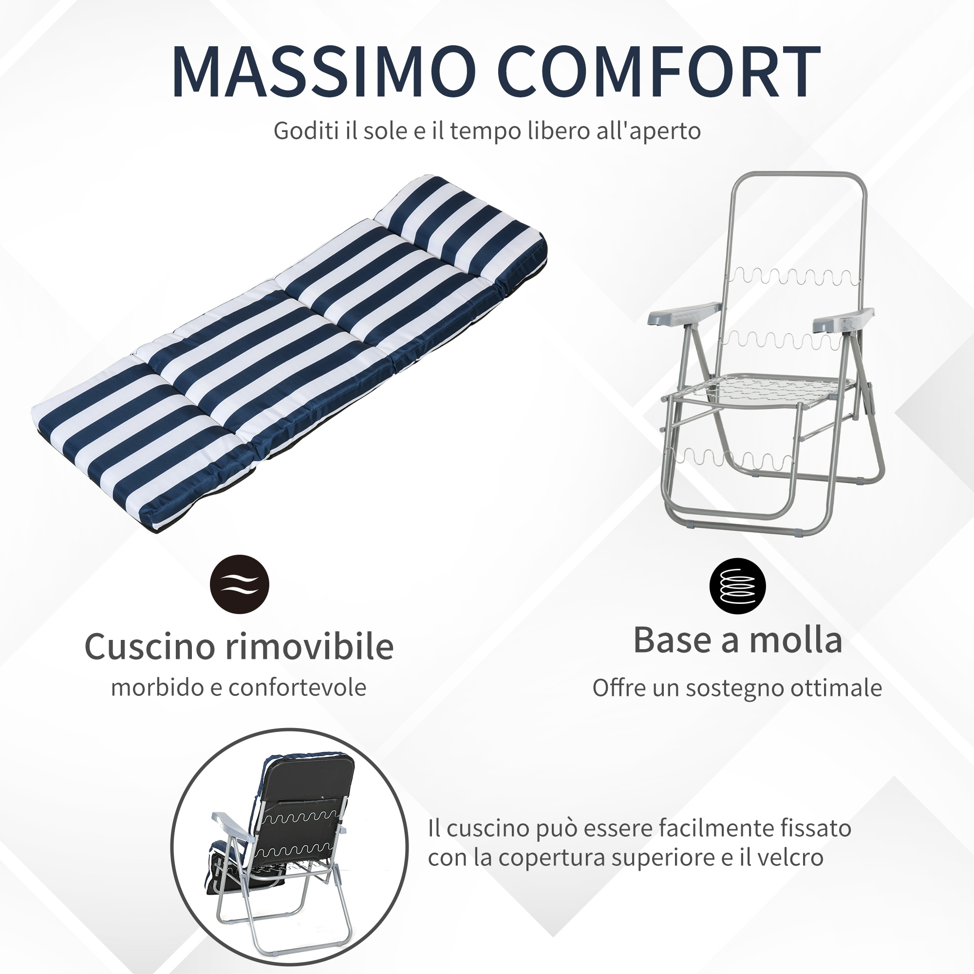 Un cuscino a righe accanto a una sedia pieghevole argentata con base a molla.