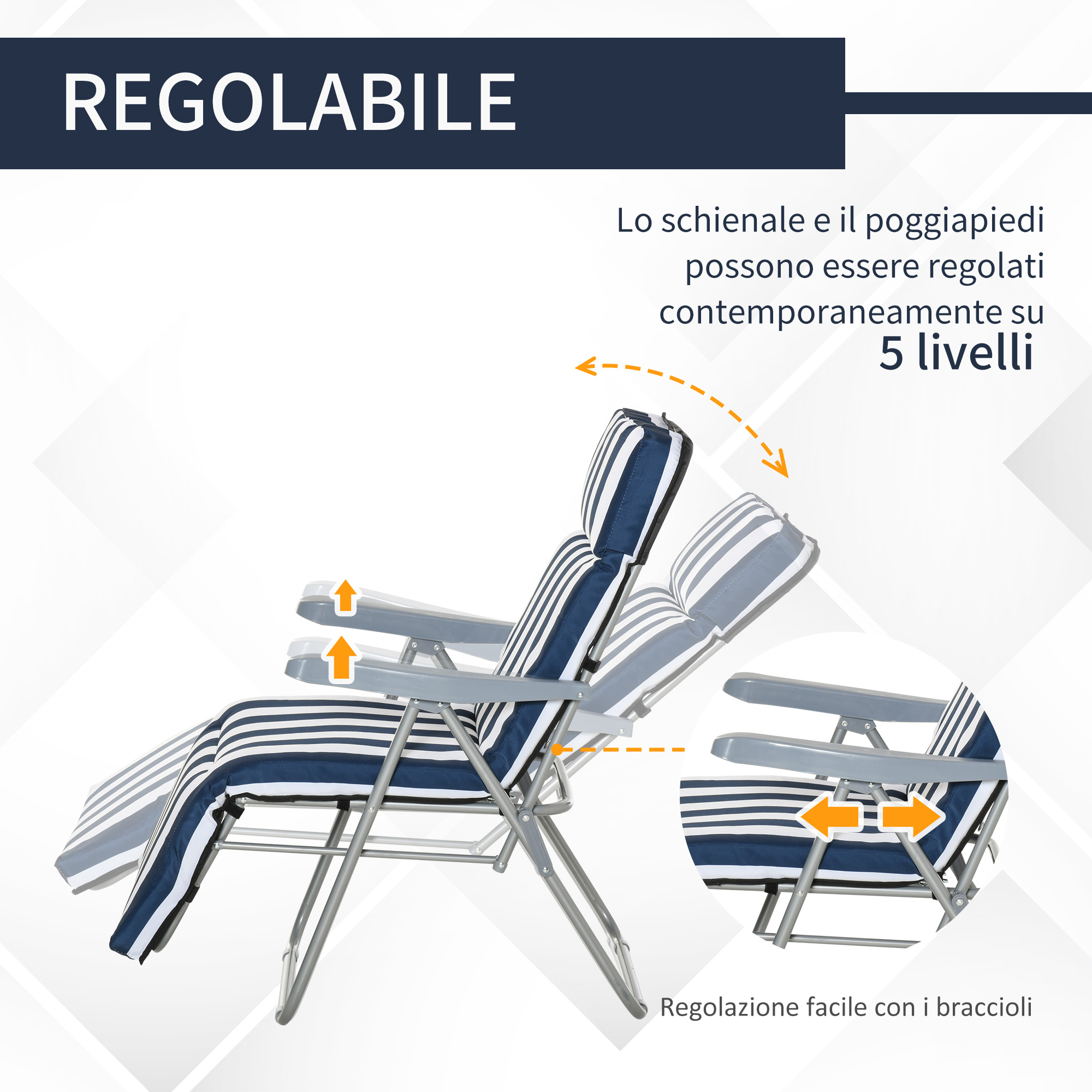 Sedia reclinabile regolabile a righe blu e bianche, 5 livelli.