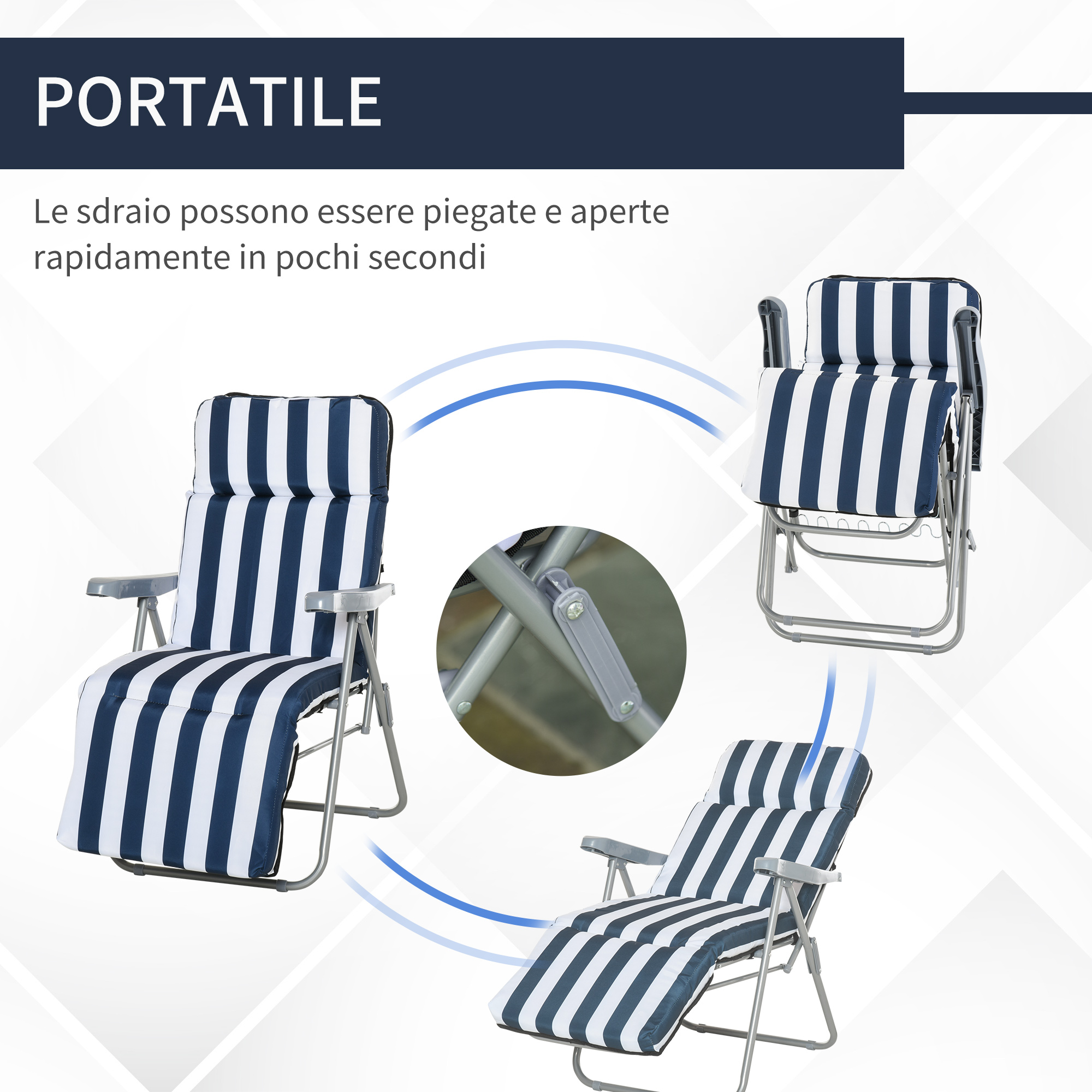 Una sedia a sdraio pieghevole con rivestimento a righe blu e bianche.