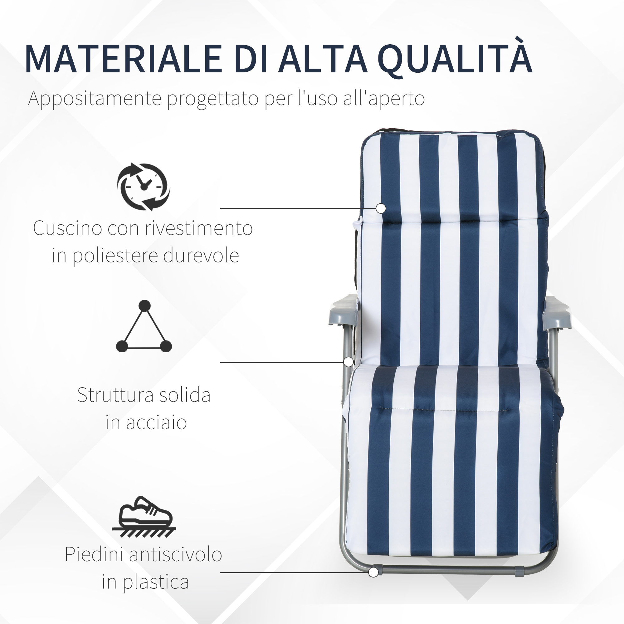 Una sedia a sdraio a righe blu e bianche con testo sui materiali.