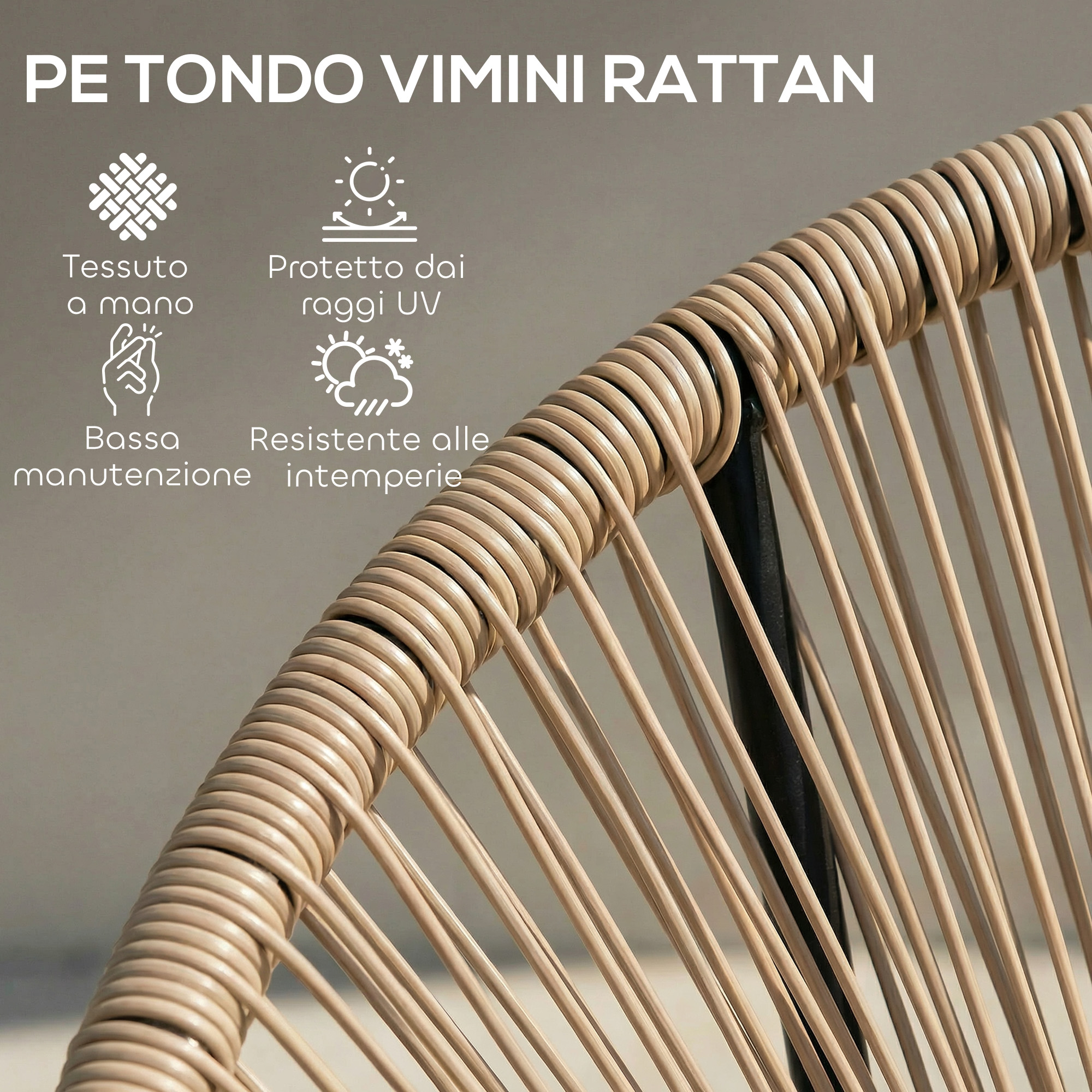 Sedia rotonda in PE rattan, tessuta a mano, protetta UV, bassa manutenzione.