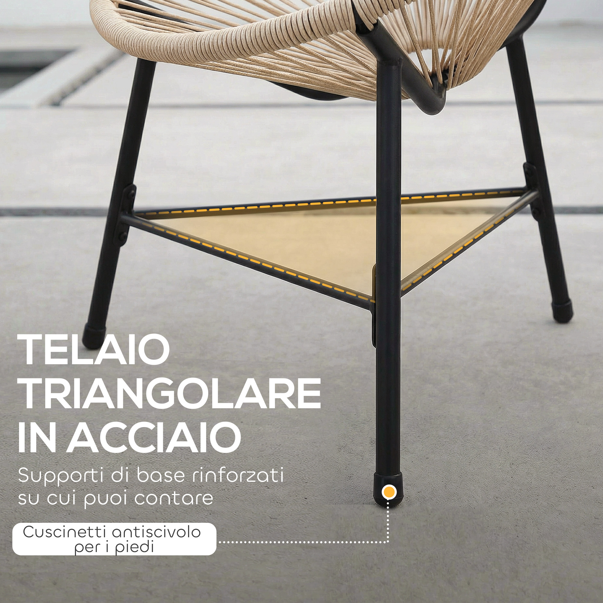 Sedia con telaio triangolare in acciaio, supporti rinforzati e piedini antiscivolo.