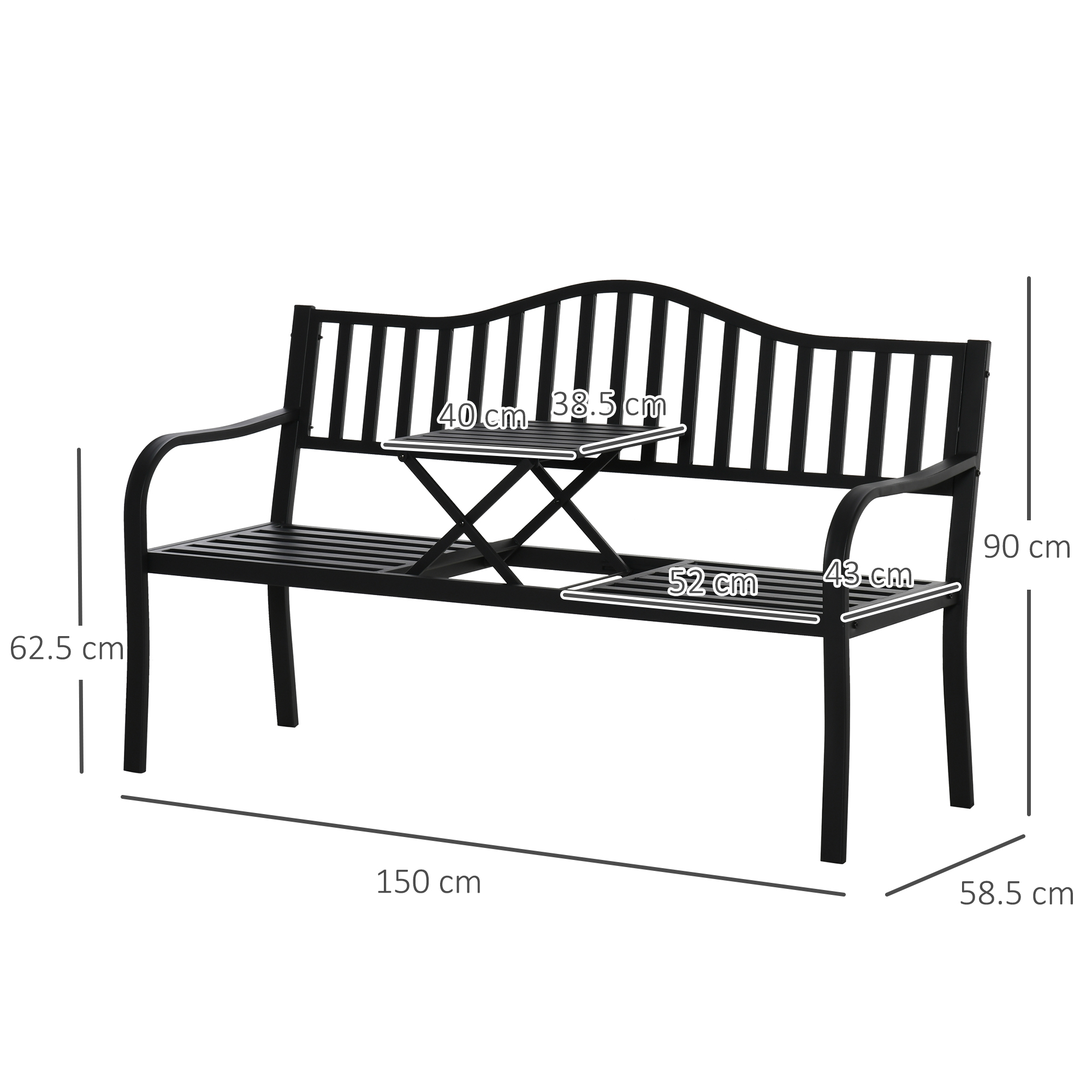 Panca in metallo nero con dimensioni indicate: 150x58,5x90cm. Presenta un tavolino pieghevole centrale.