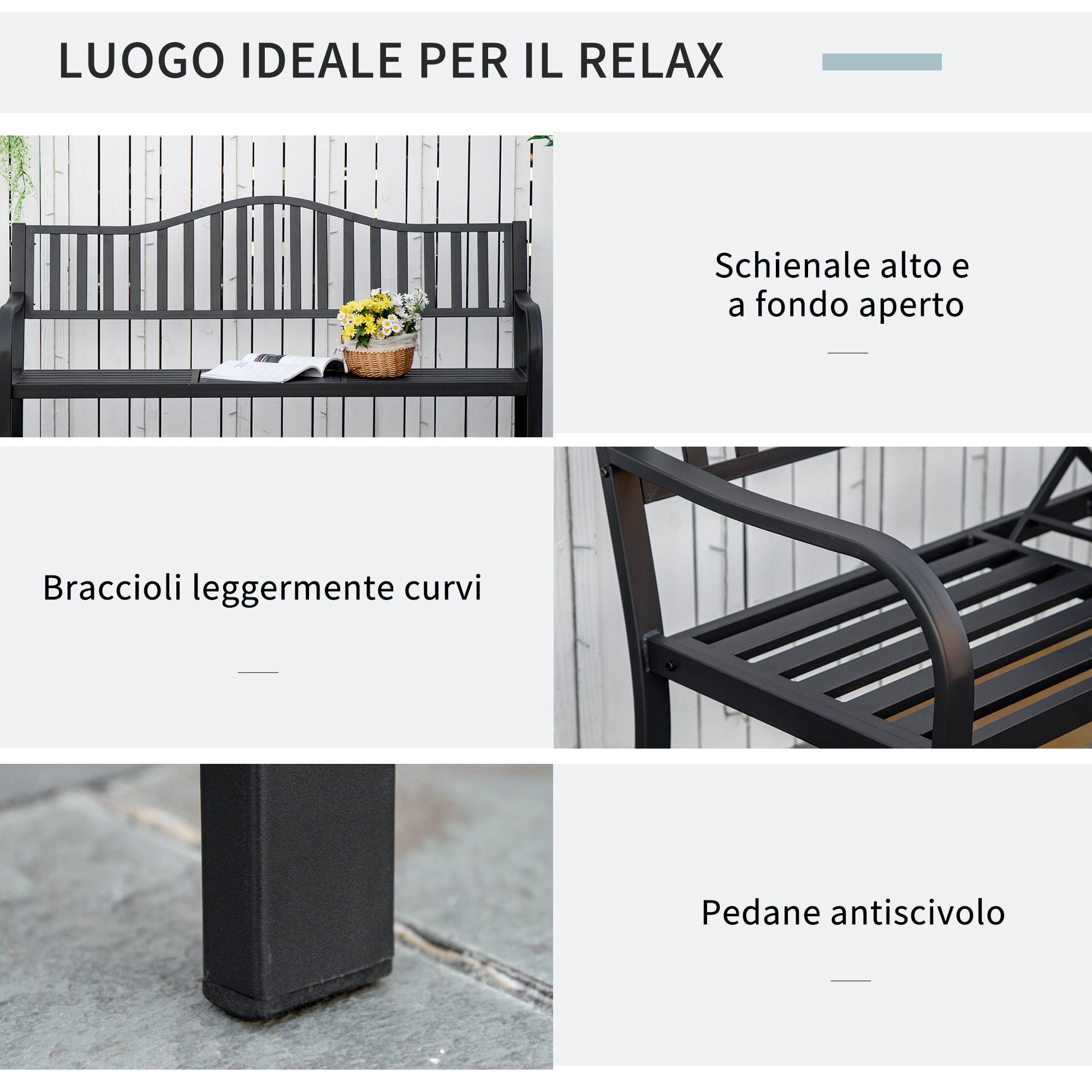Panca in metallo nero con braccioli curvi, schienale aperto e piedini antiscivolo.