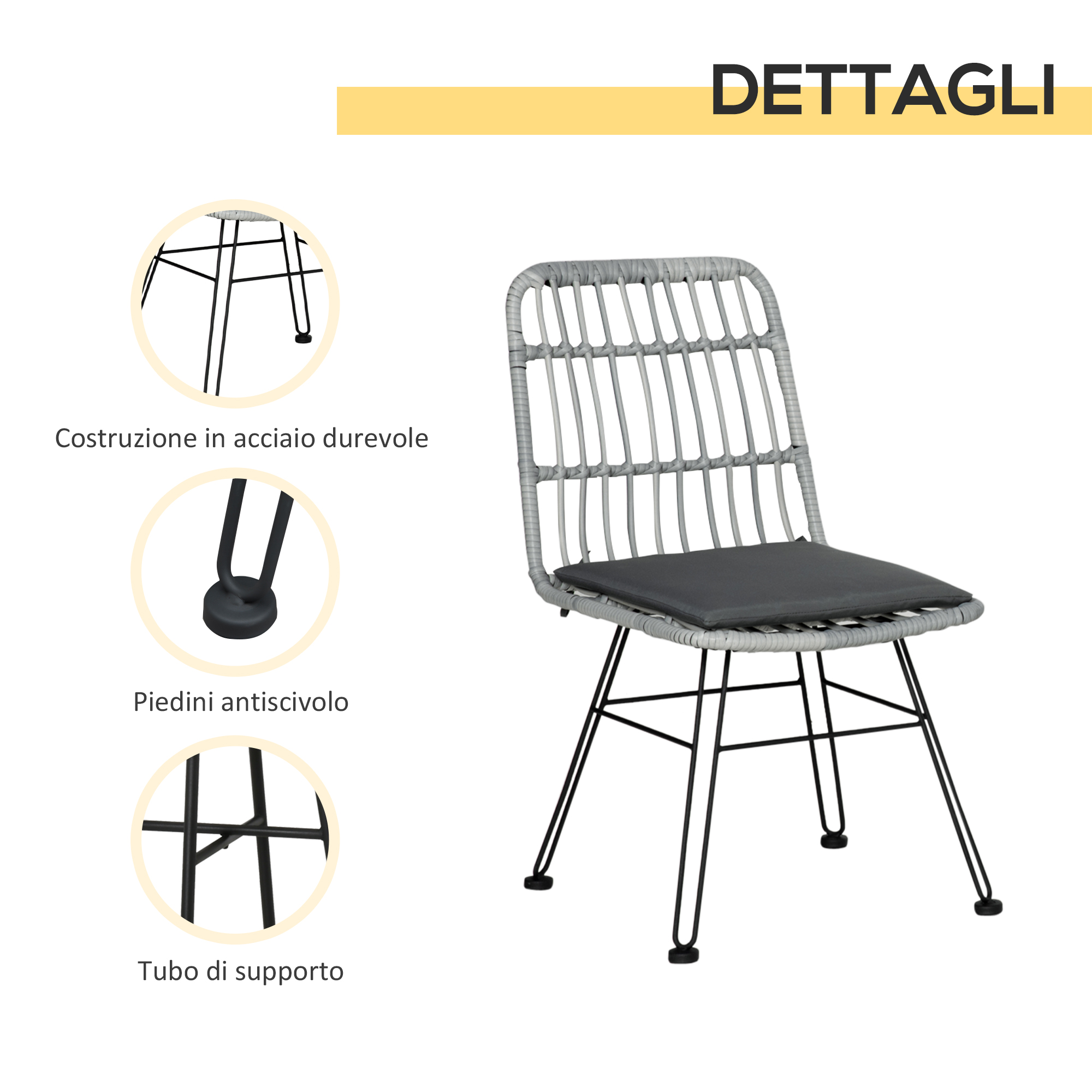 Sedia in rattan grigio con gambe in metallo nero, cuscino scuro e viste dettagliate.