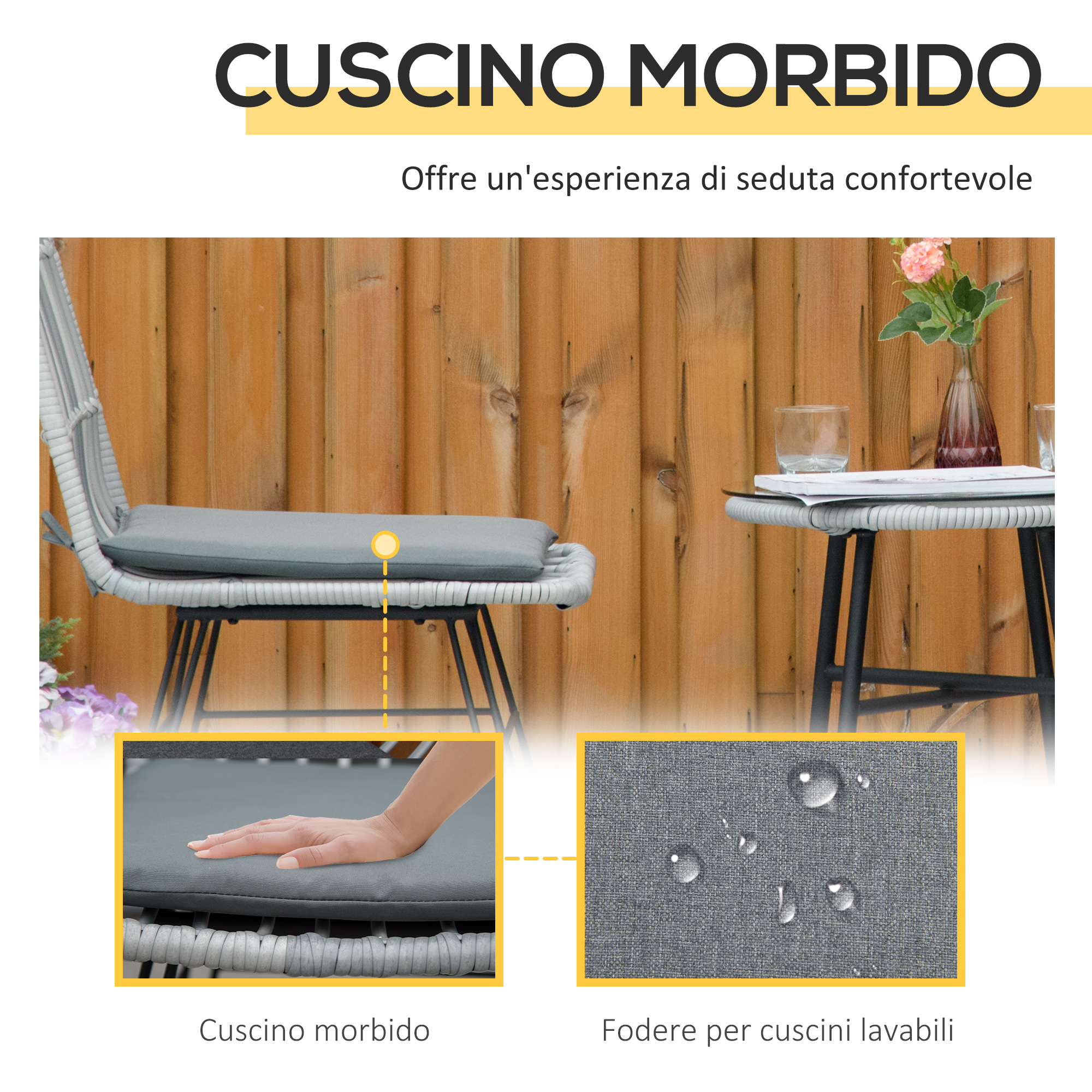 Cuscino grigio su sedia in rattan contro parete di legno. Dettagli mostrano mano e gocce.