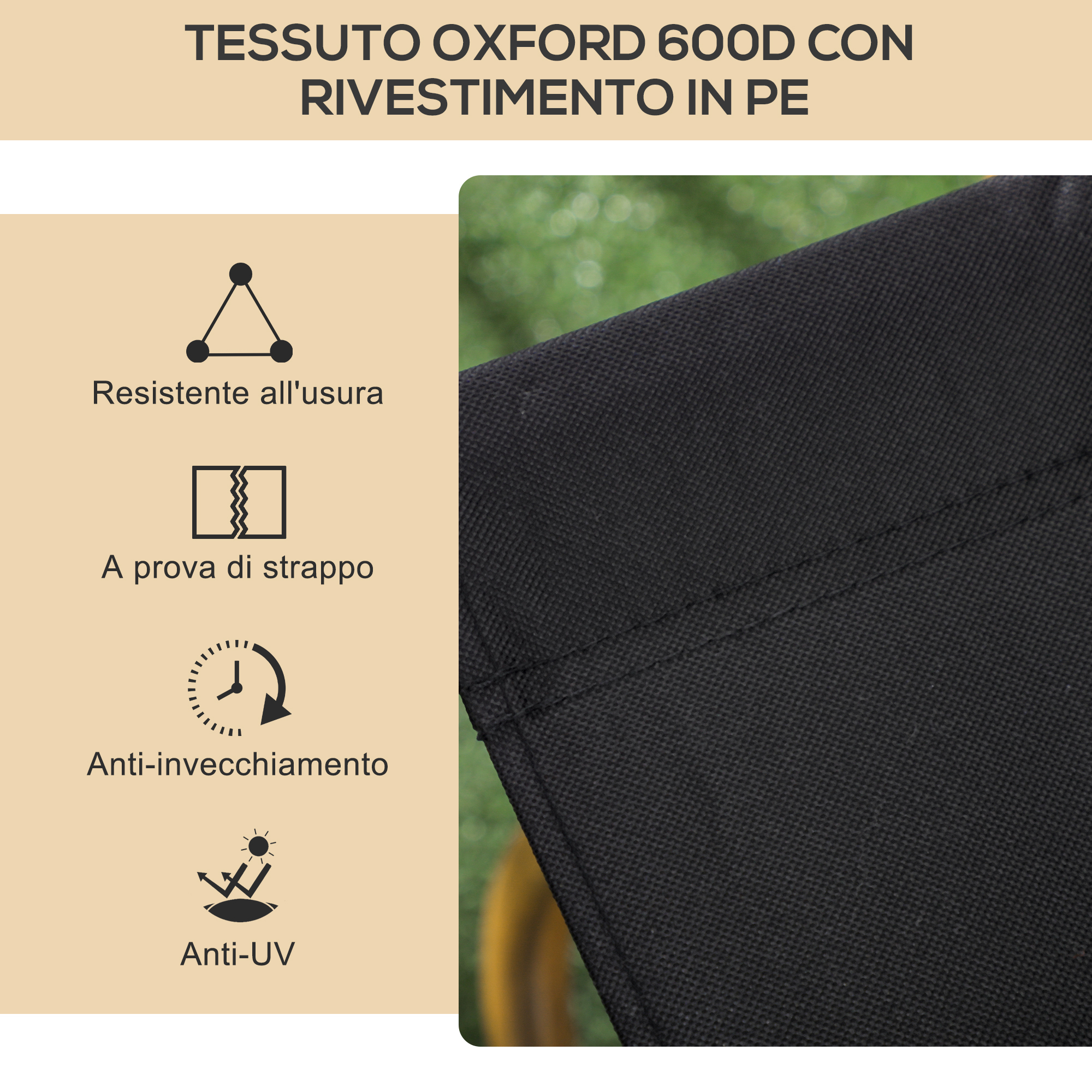 Tessuto Oxford 600D nero con rivestimento in PE, resistente all'usura, agli strappi, anti-invecchiamento.