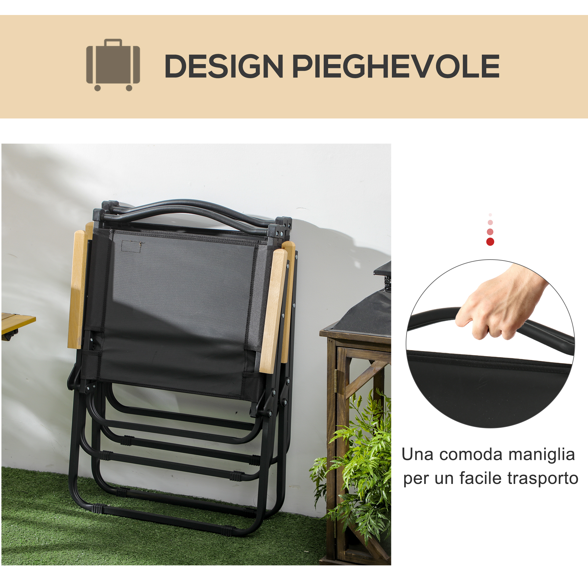 Sedia pieghevole nera con braccioli in legno poggia su erba sintetica vicino a lanterna.