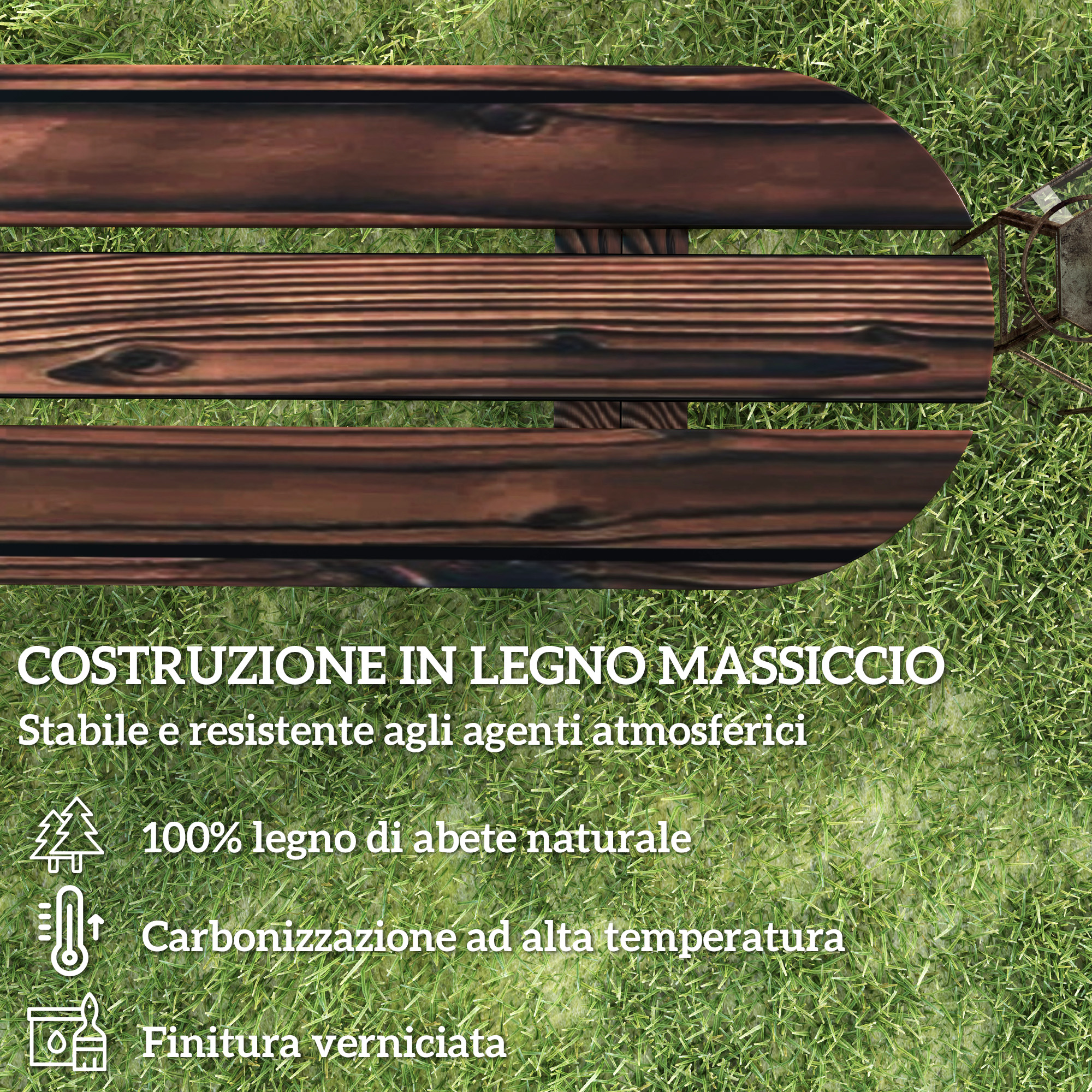 Panca in legno sull'erba. Testo su materiale e resistenza.