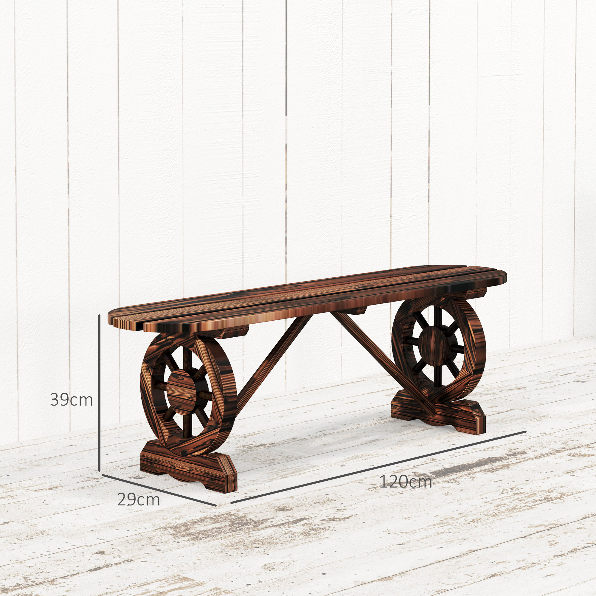 Panchina in legno con gambe a ruota. 120cm lungh, 39cm alt, 29cm prof.
