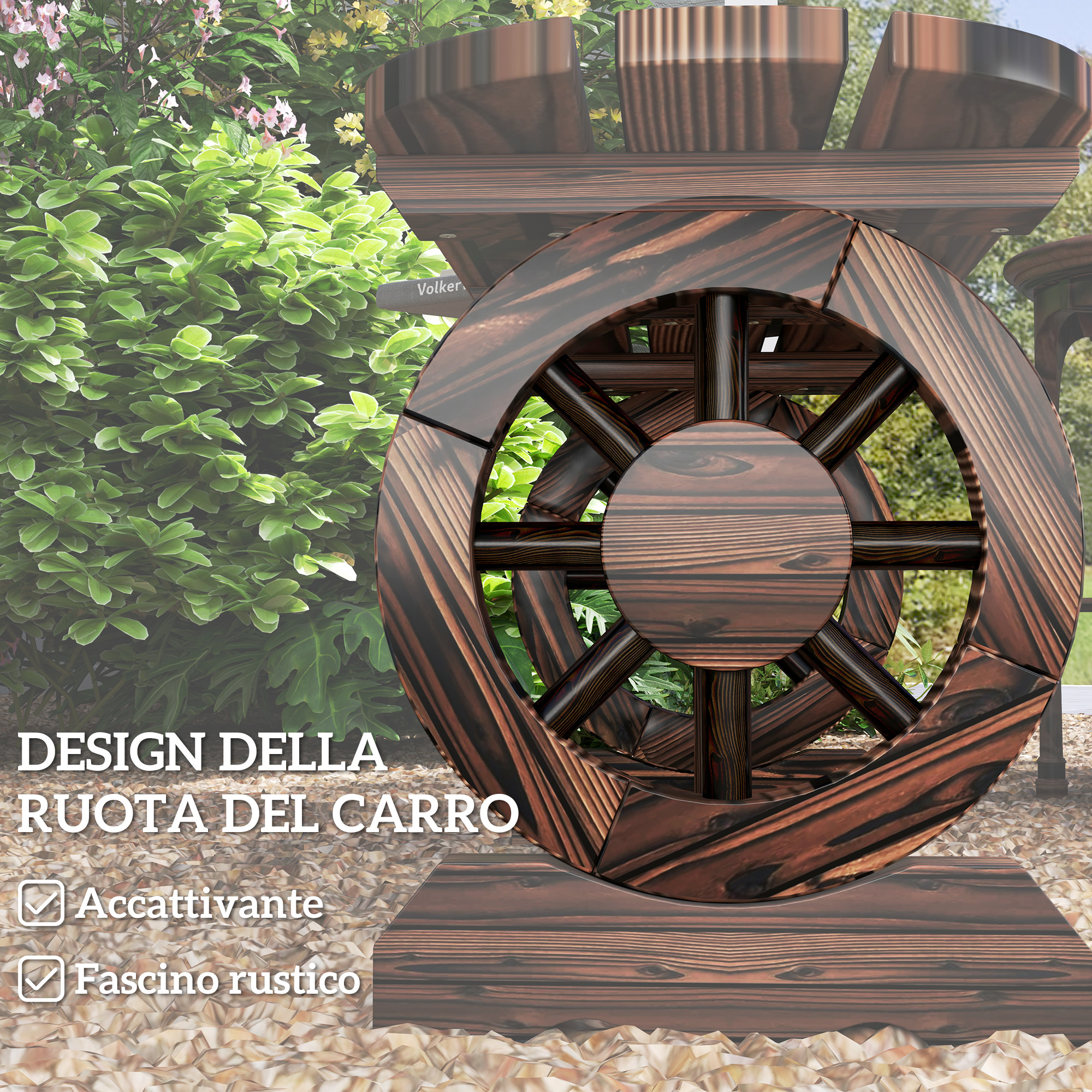 Una ruota di carro decorativa in legno si trova all'aperto, circondata da fogliame verde.