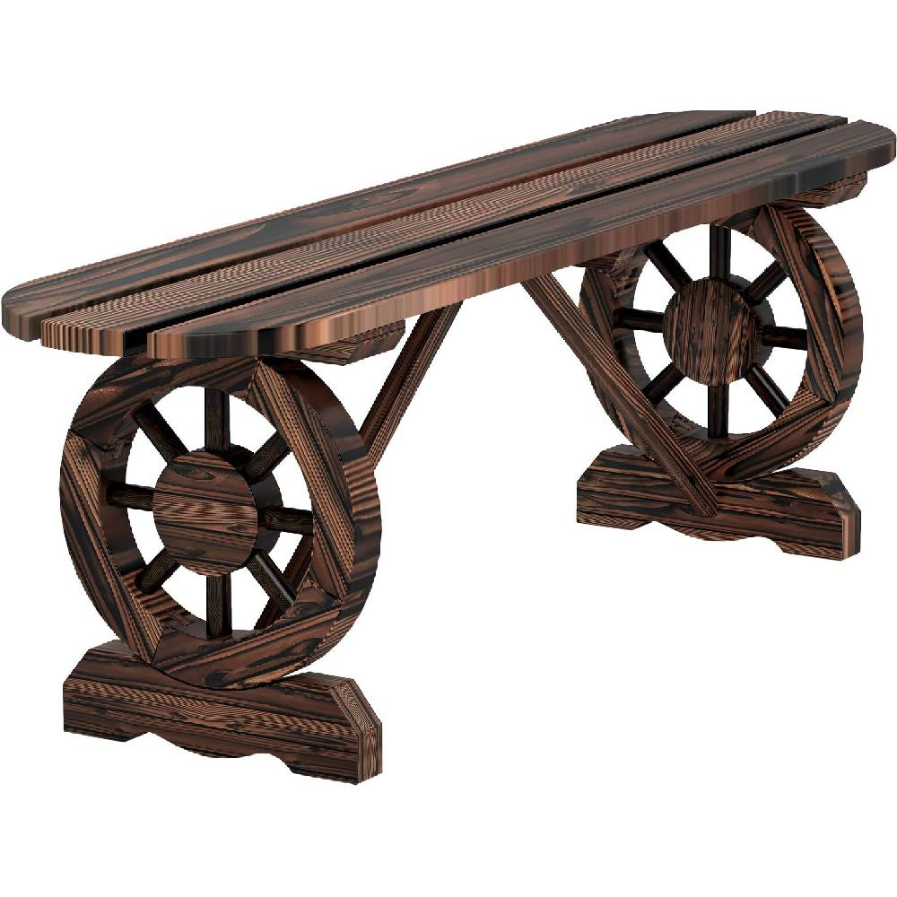 Panca in legno marrone con ruote come gambe.