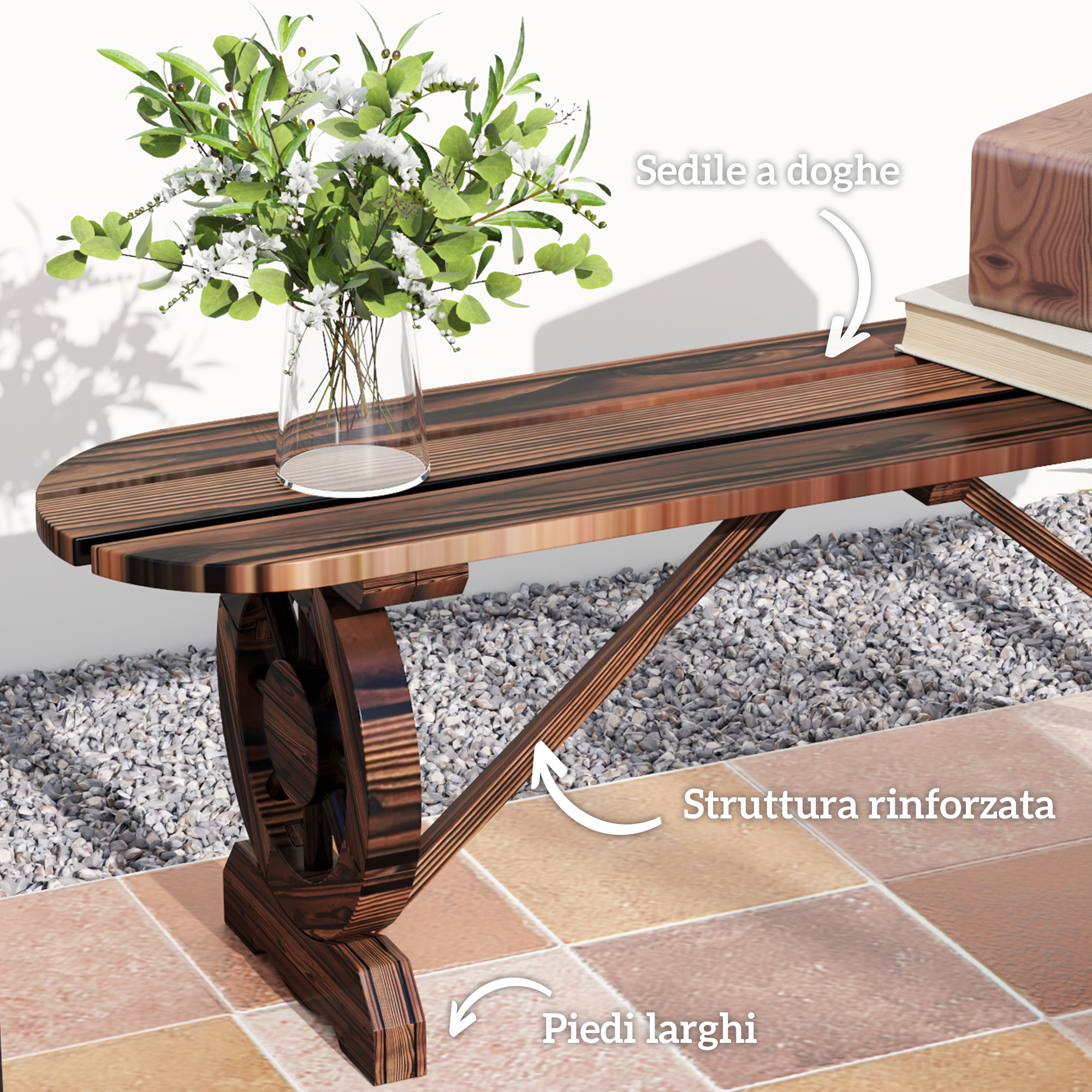 Una panchina in legno con vaso di fiori bianchi e libri. Ha piedi larghi.