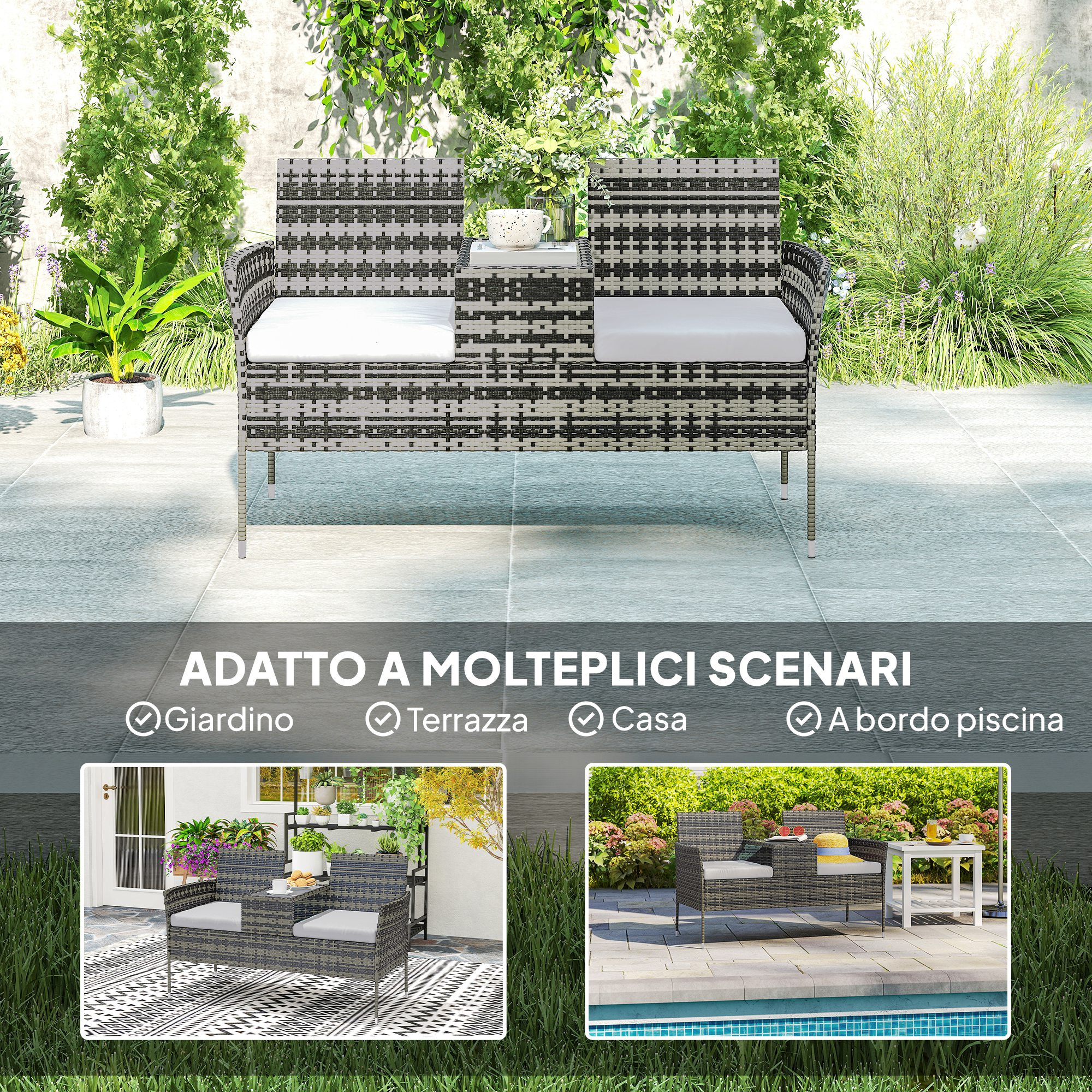 Panca da giardino in rattan grigio a due posti con cuscini bianchi e tavolo.