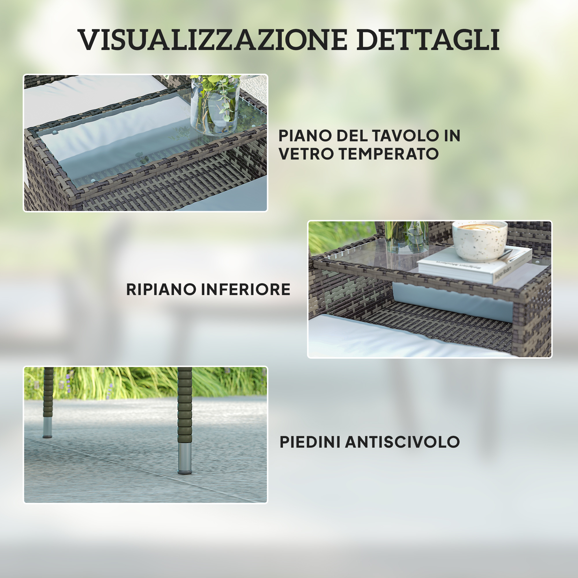 Dettagli di un tavolo in rattan: piano in vetro, ripiano inferiore, piedini antiscivolo.