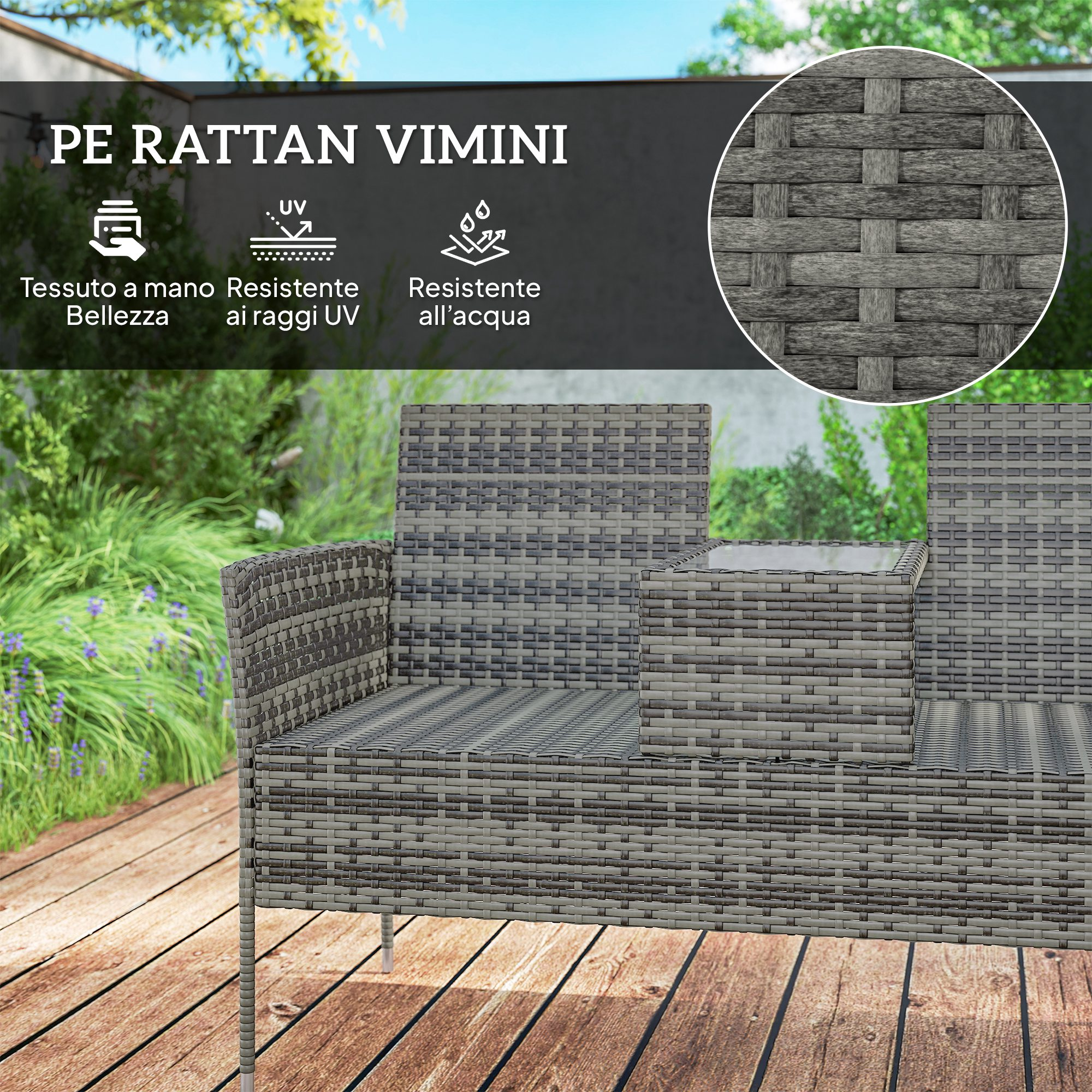 Arredo da giardino in rattan PE, resistente UV e acqua.
