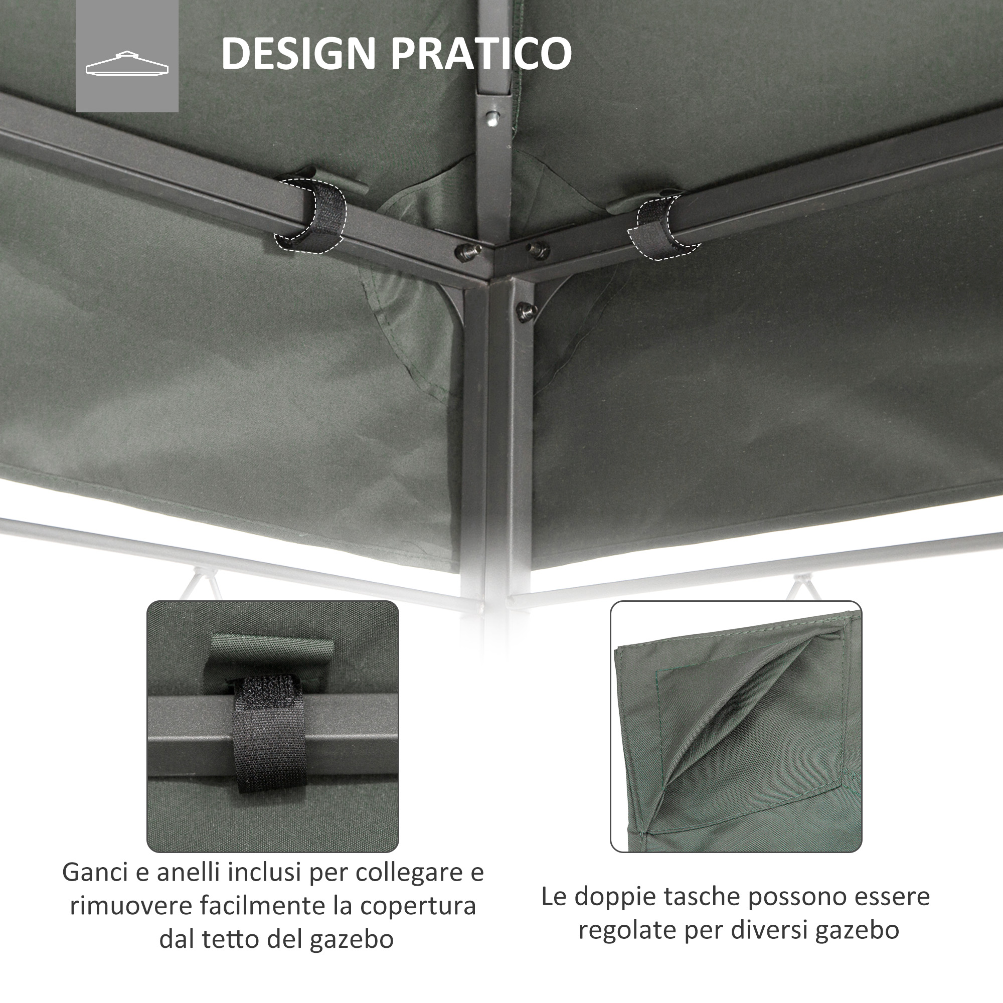 Telaio gazebo verde scuro con copertura in tessuto e cinghie.