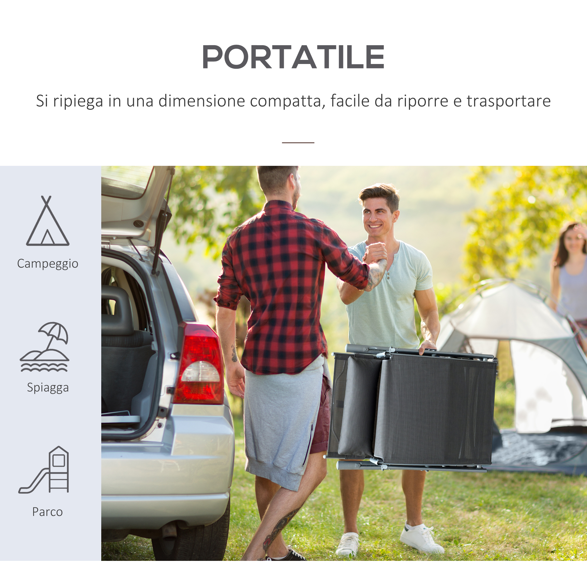 Uomini caricano attrezzatura da campeggio vicino a un'auto, tenda sullo sfondo.