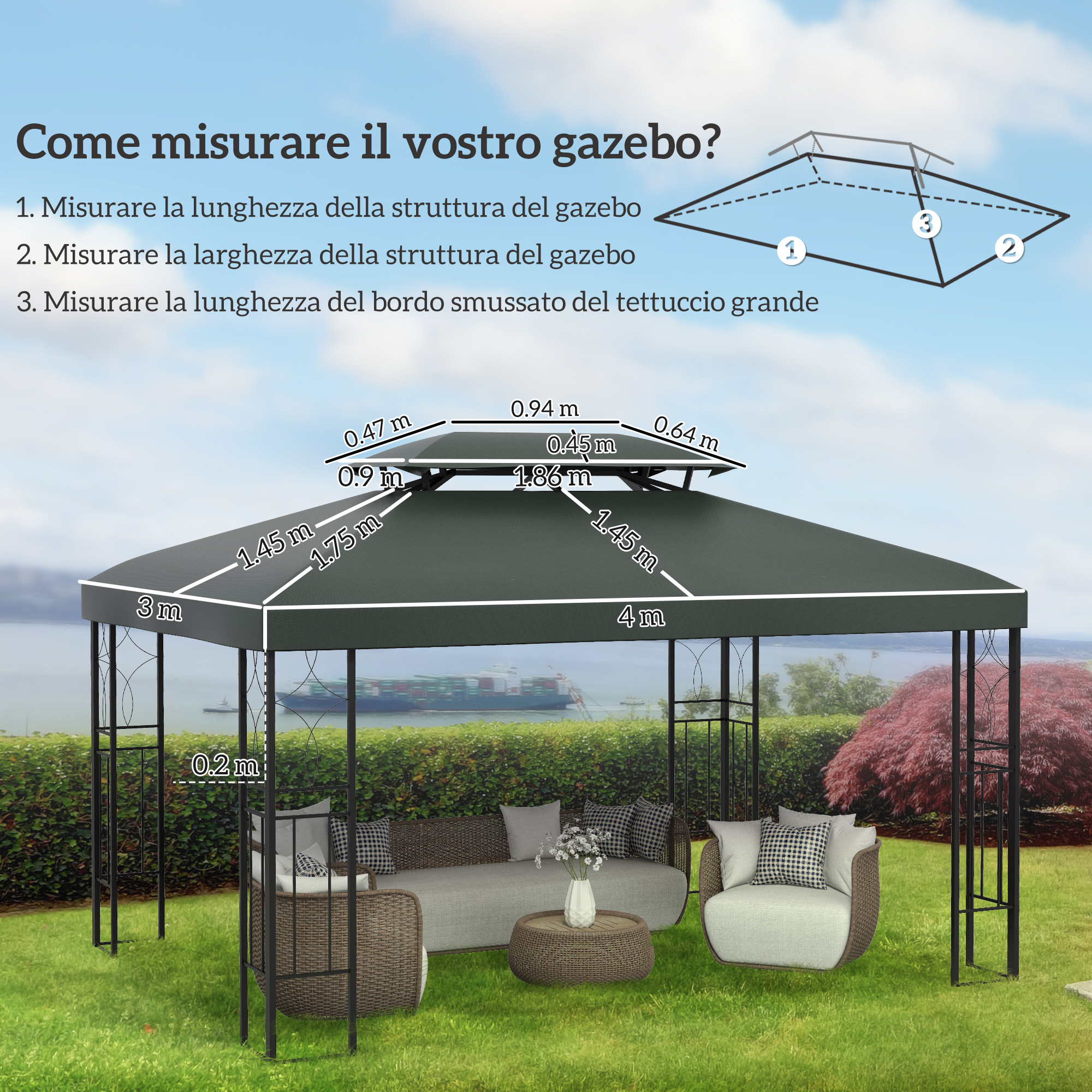 Un gazebo scuro con misure, sedute e una nave sullo sfondo.