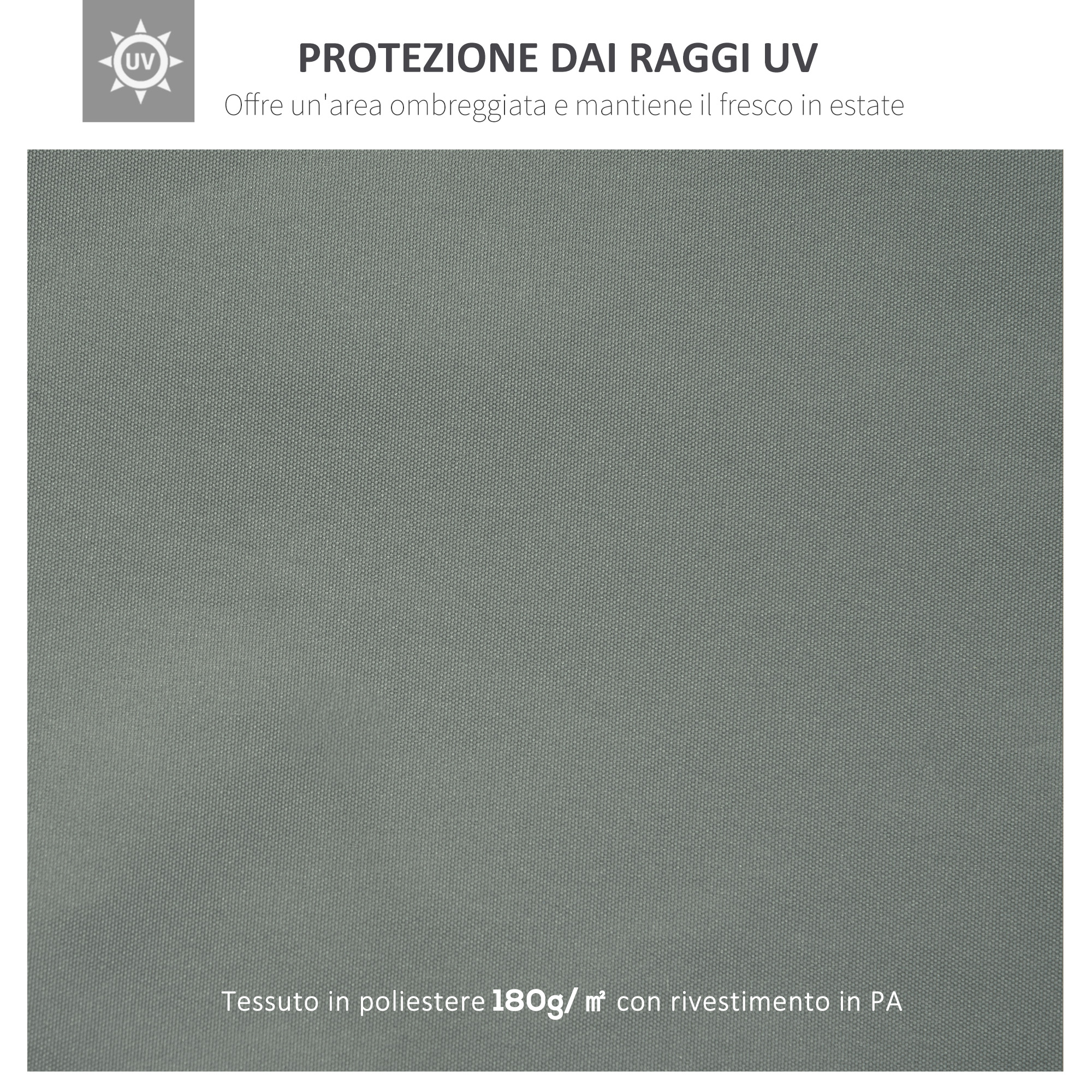Tessuto grigio con simbolo protezione UV. Poliestere 180g/m².