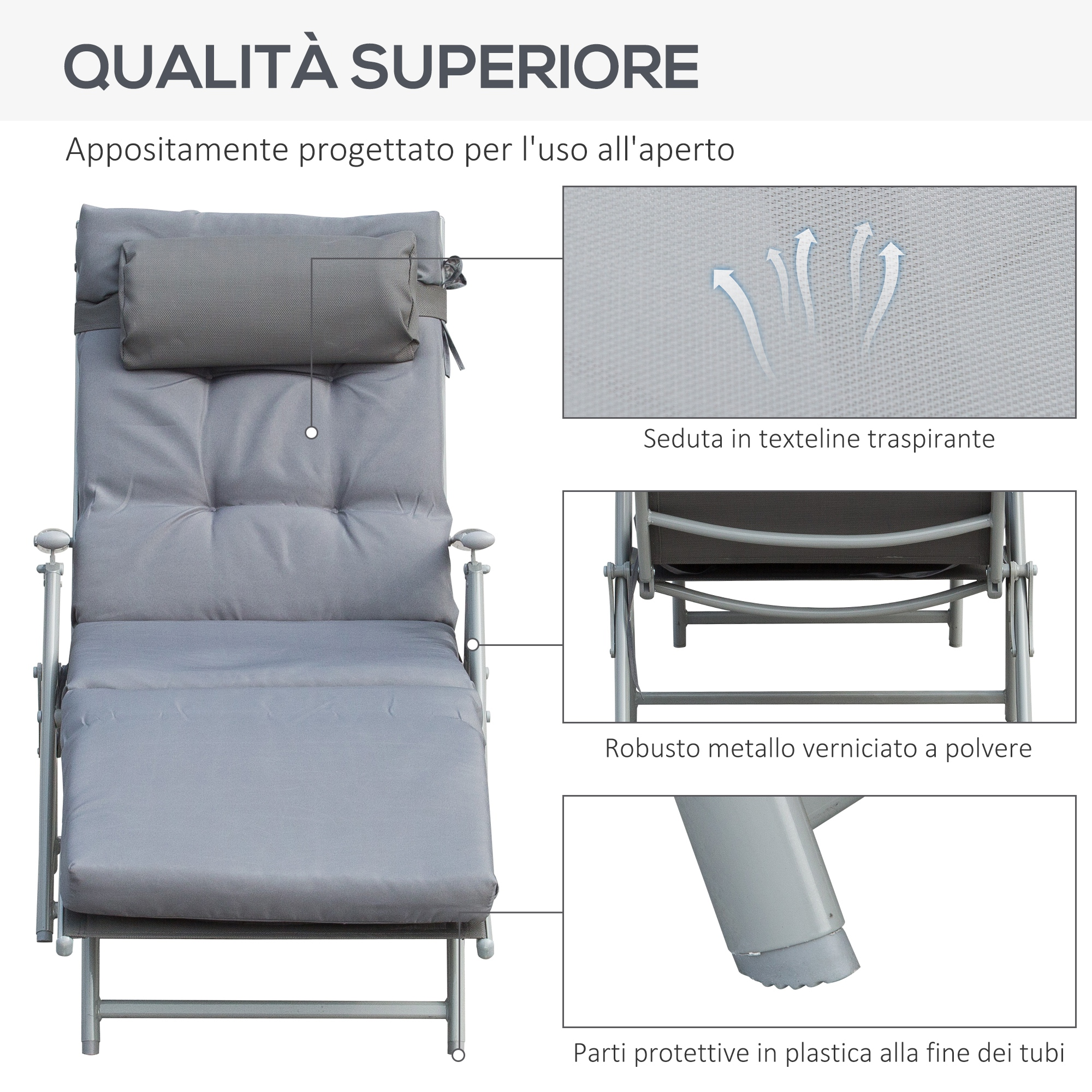 Sdraio grigio con cuscini, struttura in metallo e piedini in plastica.