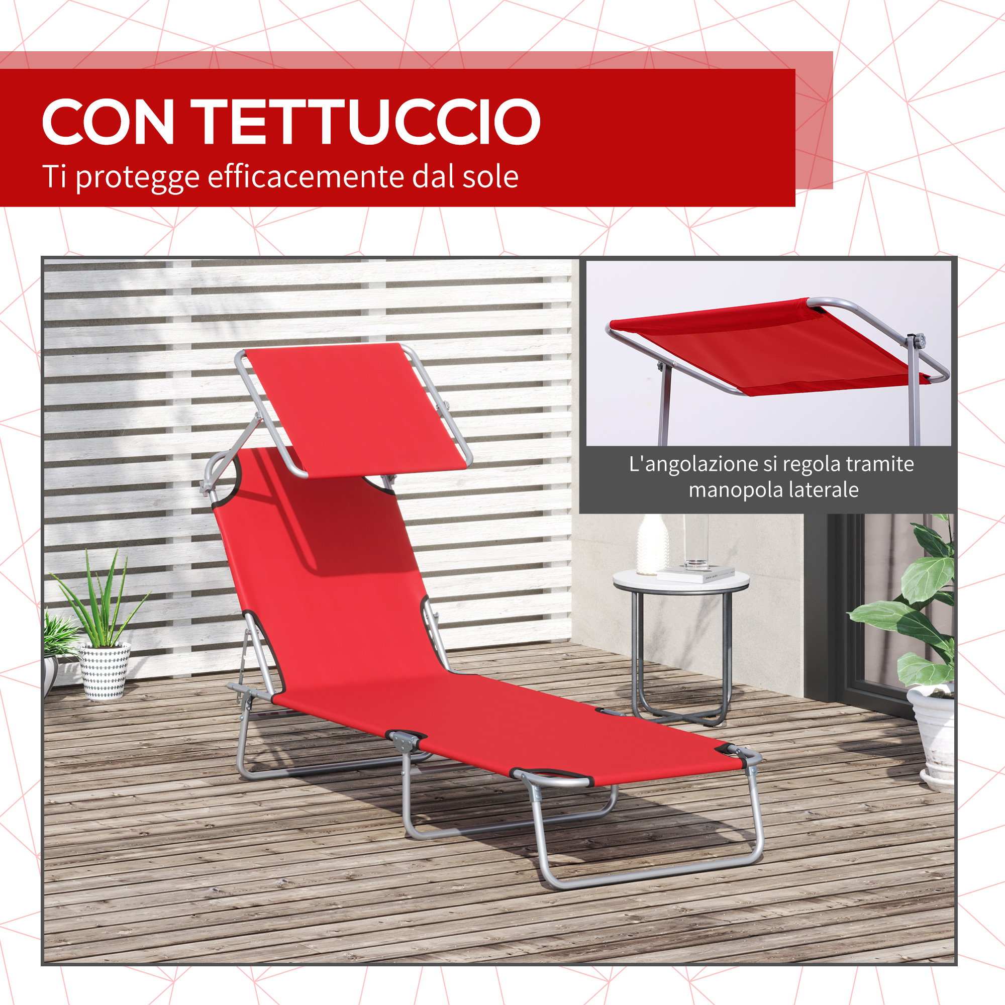 Sdraio rossa con tettuccio regolabile su pedana in legno.