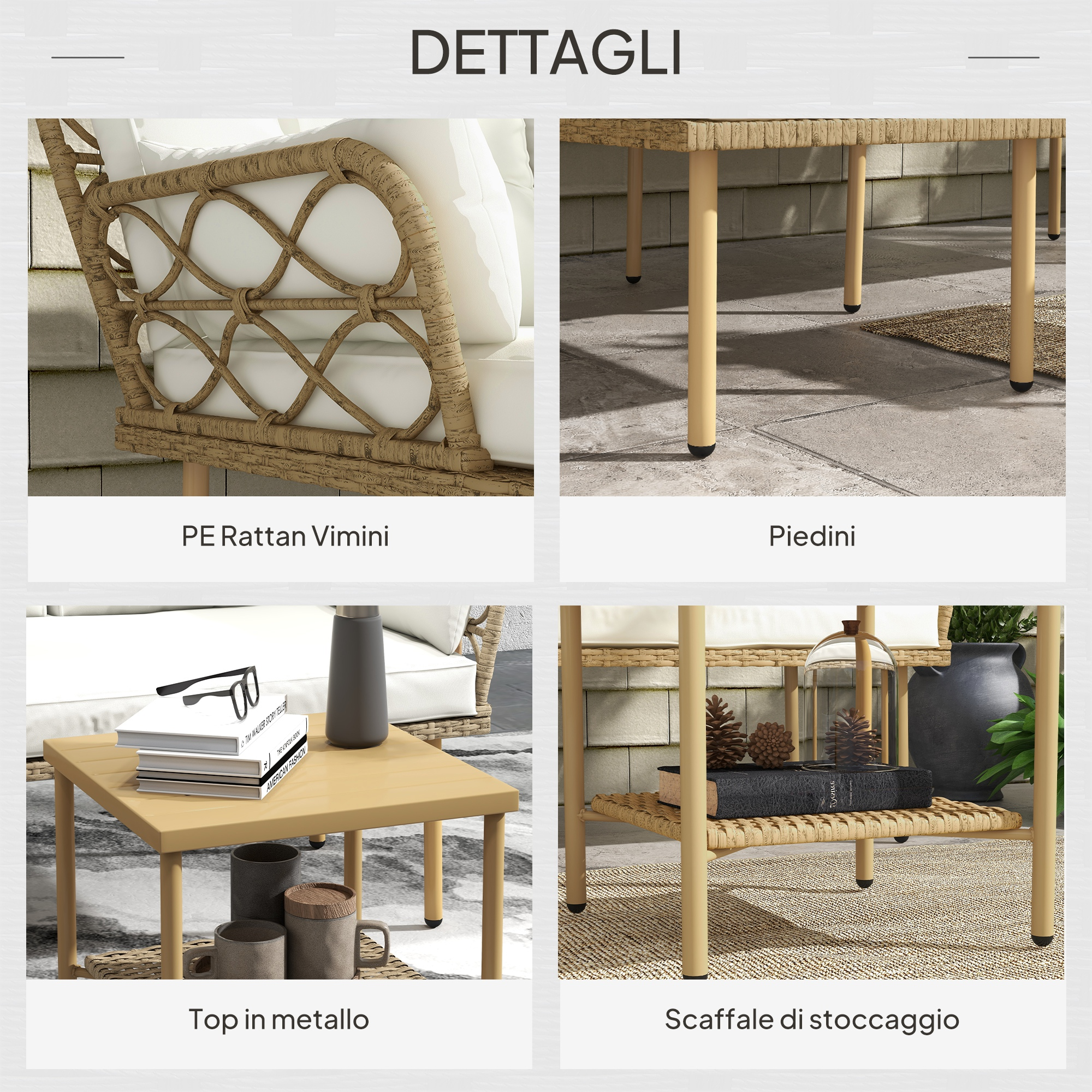 Sedia in rattan, tavolo in metallo, tavolino con libri e tazze, scaffale.