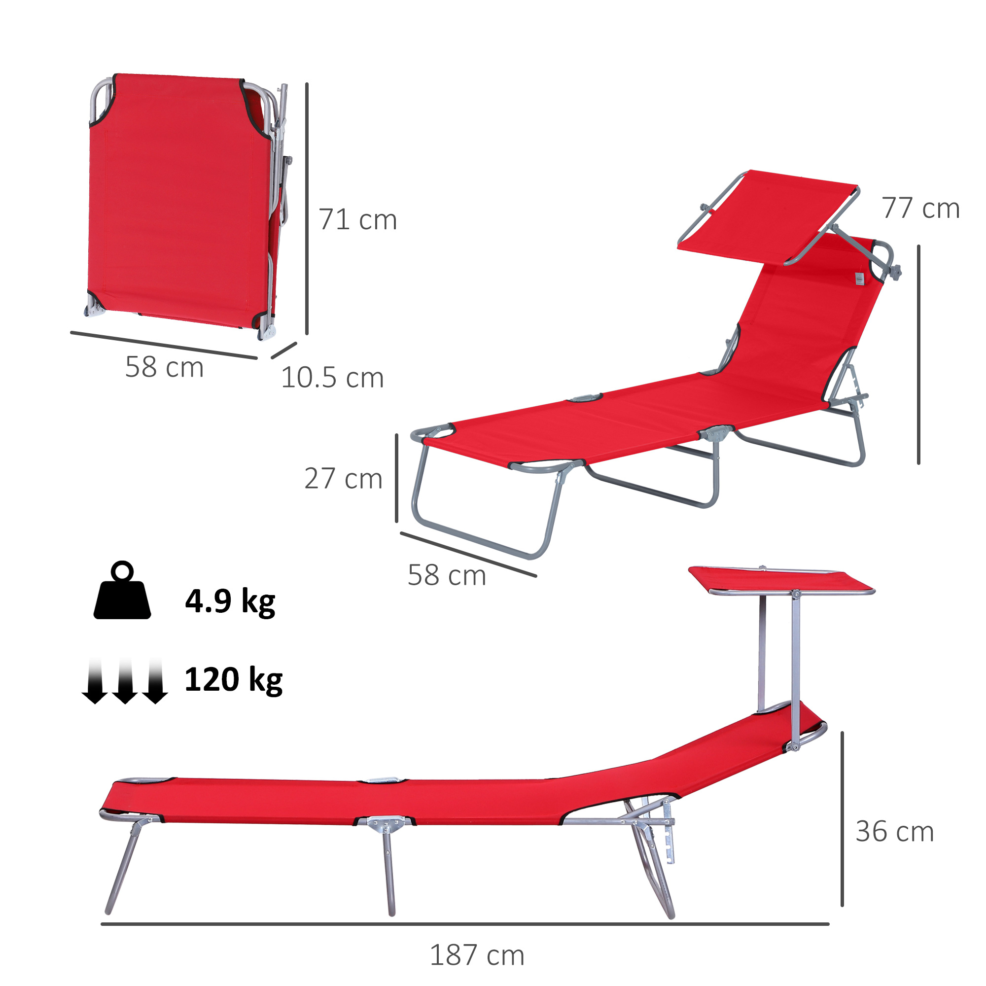 Lettino da sole rosso con baldacchino regolabile e dimensioni.