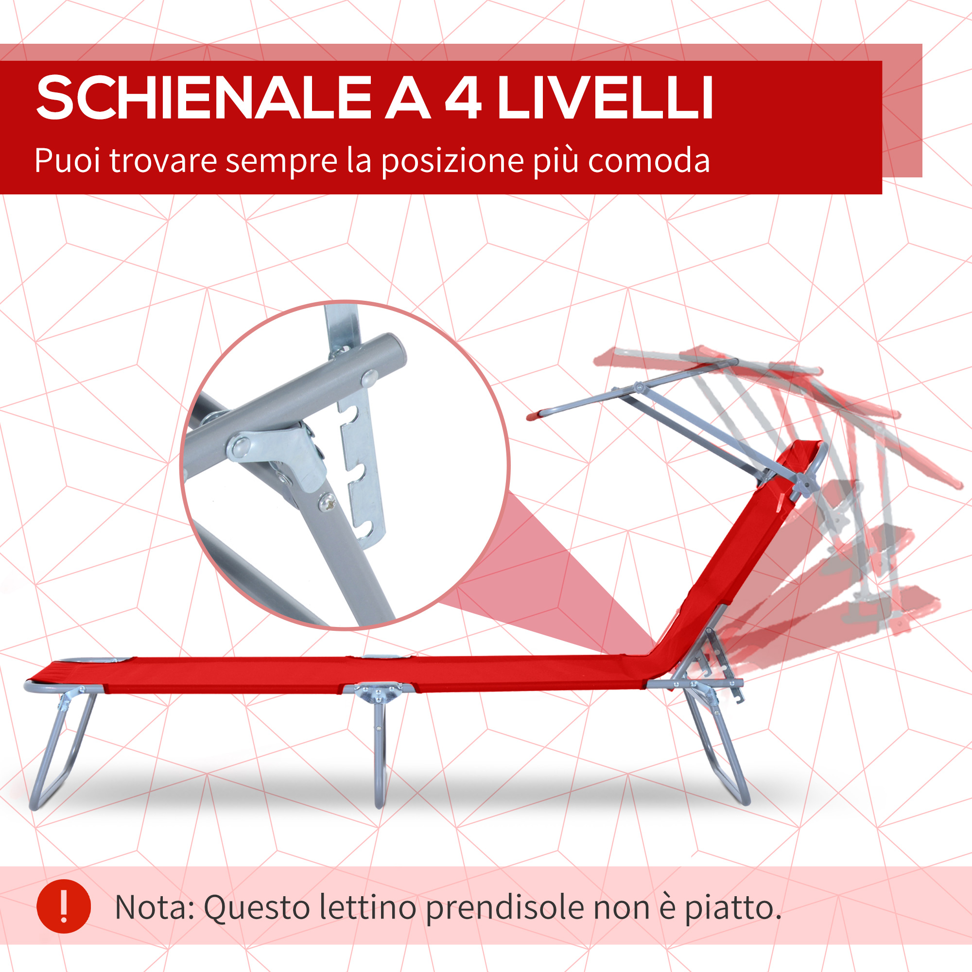 Lettino prendisole rosso con schienale regolabile, primo piano meccanismo.