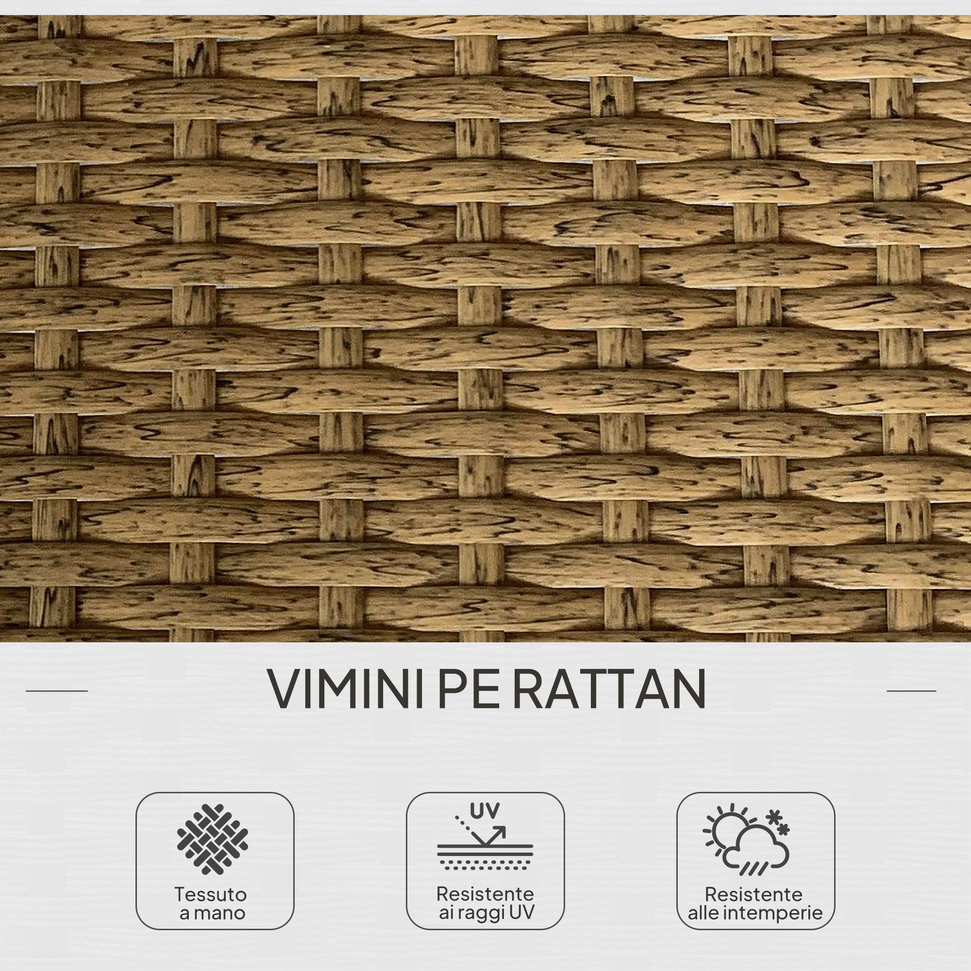 Primo piano di materiale in rattan intrecciato nei toni del marrone e beige.