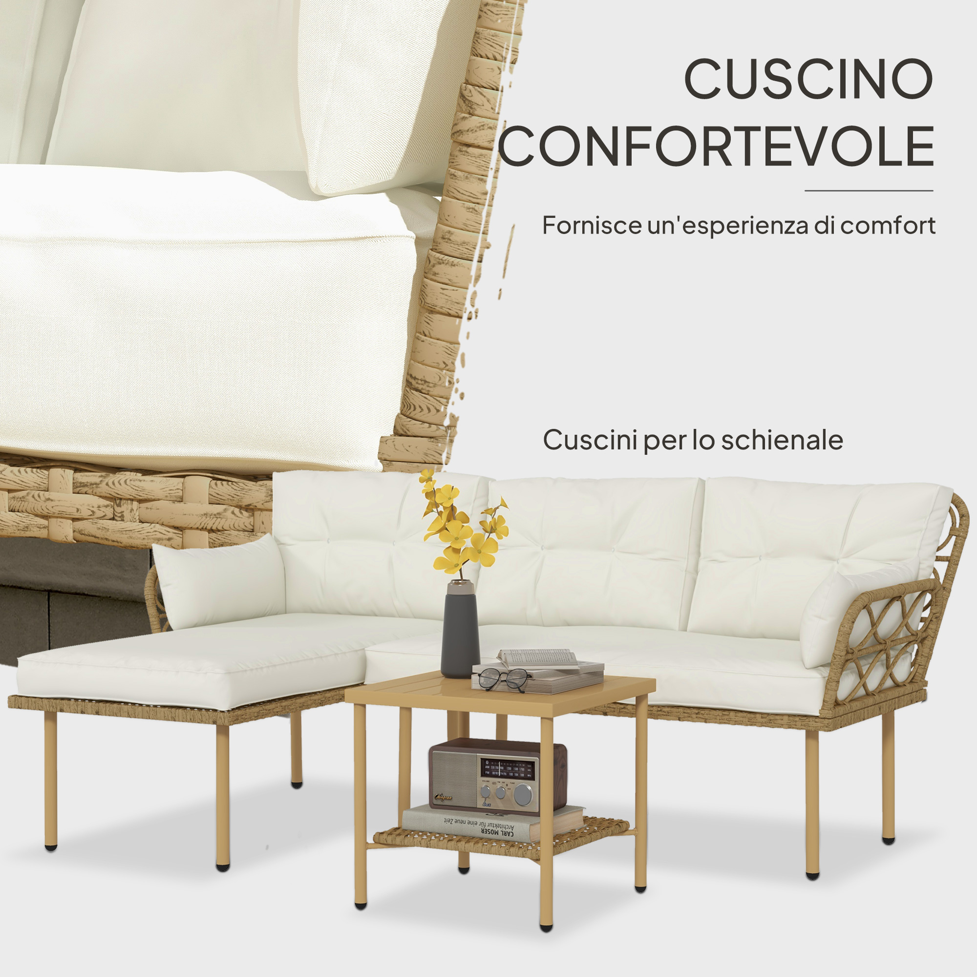 Un divano in rattan beige con cuscini bianchi e un tavolino con radio.
