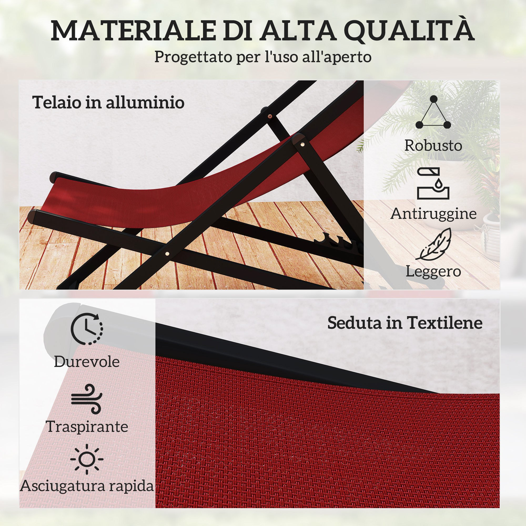 Una sdraio in alluminio rossa con seduta in Textilene.