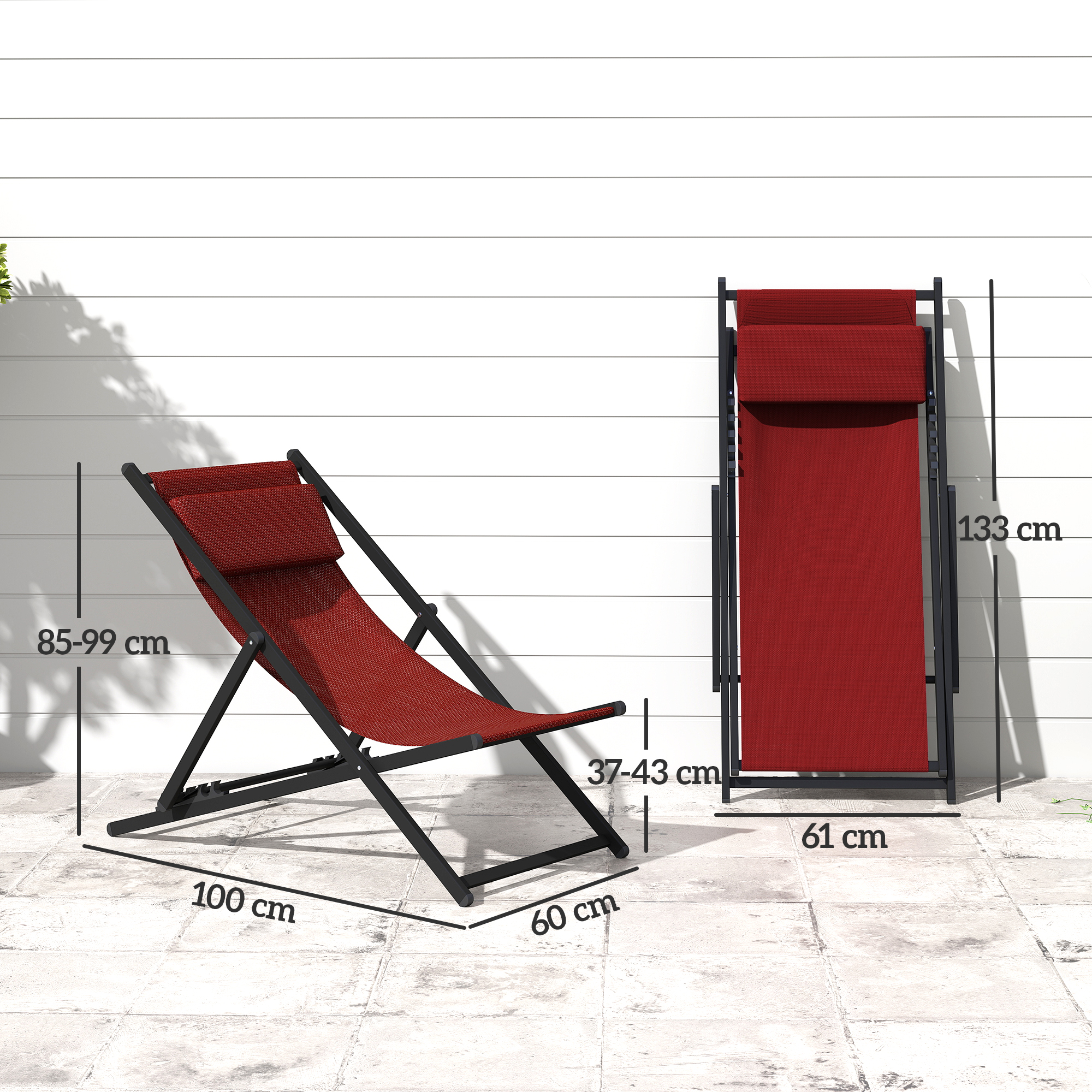Due sdraio rosse con telaio nero davanti a un muro bianco, con dimensioni.