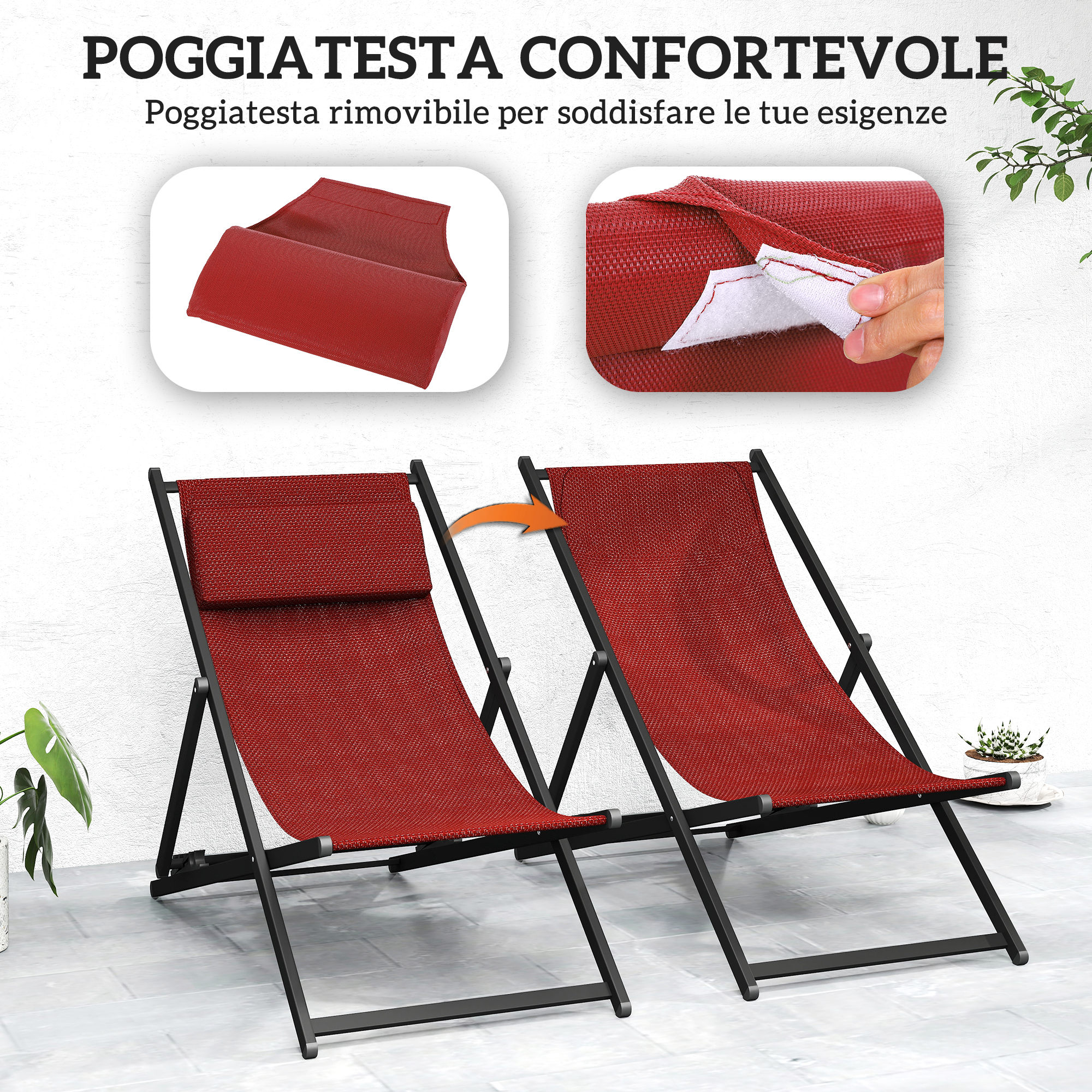 Due sdraio rosse con poggiatesta regolabile e freccia arancione che indica il movimento.