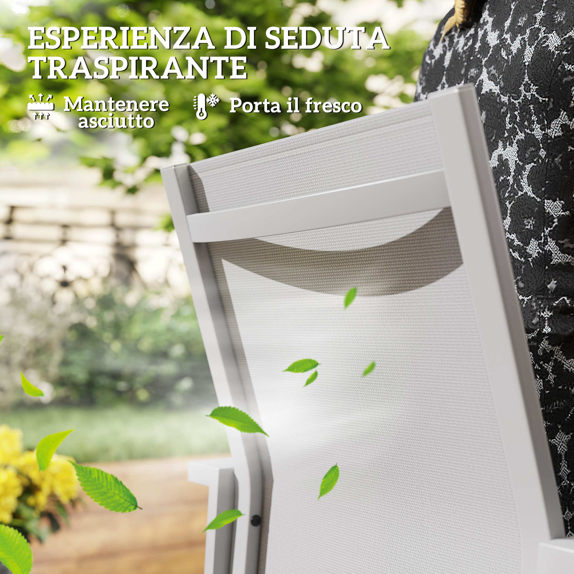 Arredi da esterno bianchi con foglie verdi che fluttuano al vento.