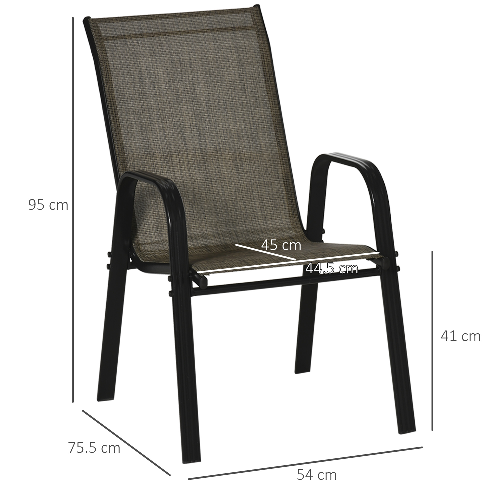Sedia da giardino nera con seduta e schienale in tessuto marrone. Misure 95x54x75.5cm.