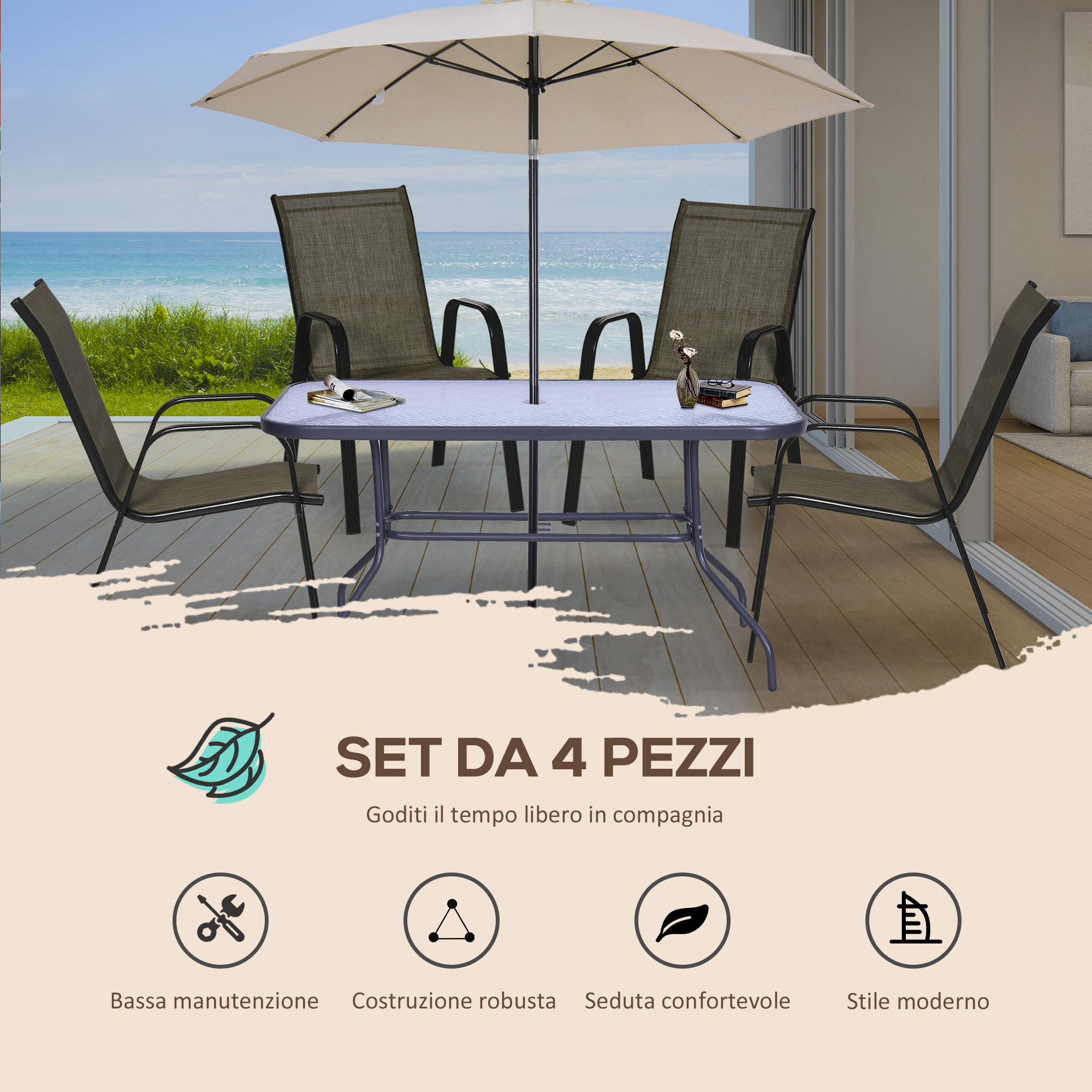 Set da esterno con tavolo, quattro sedie e ombrellone in riva al mare.
