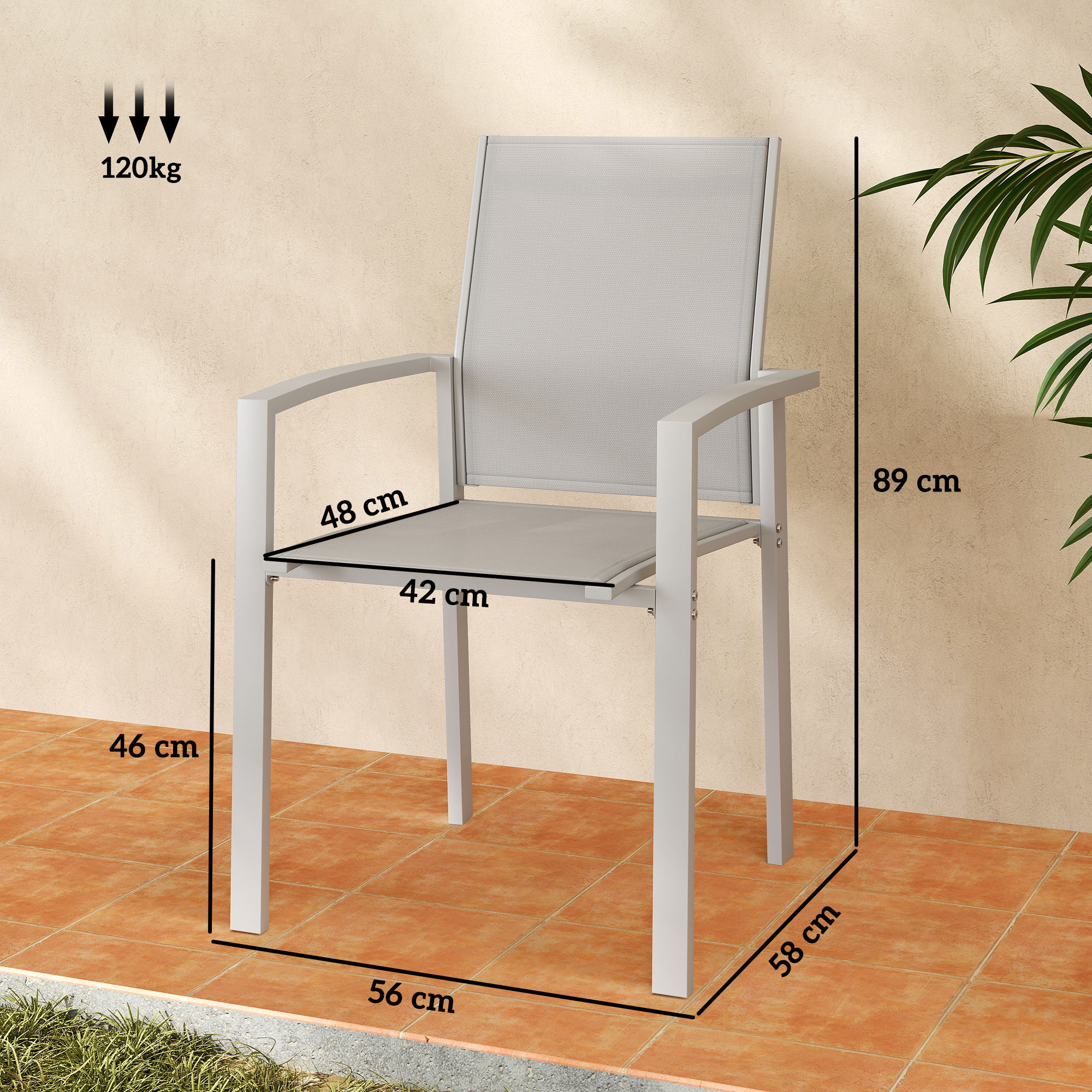 Sedia grigia con dimensioni: 89cm A, 58cm L, 56cm P. Portata 120kg.