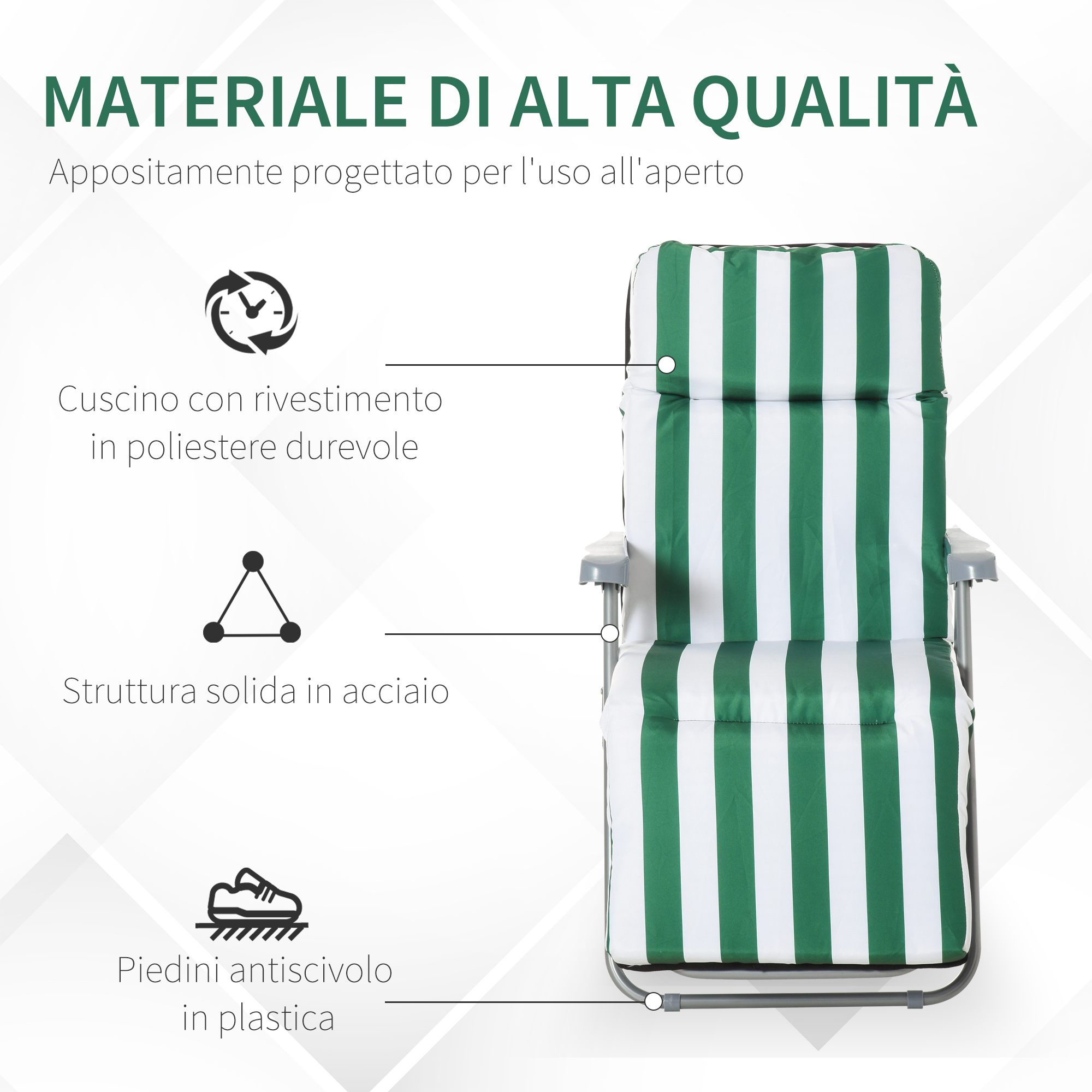 Sdraio a righe verdi e bianche con telaio in metallo.