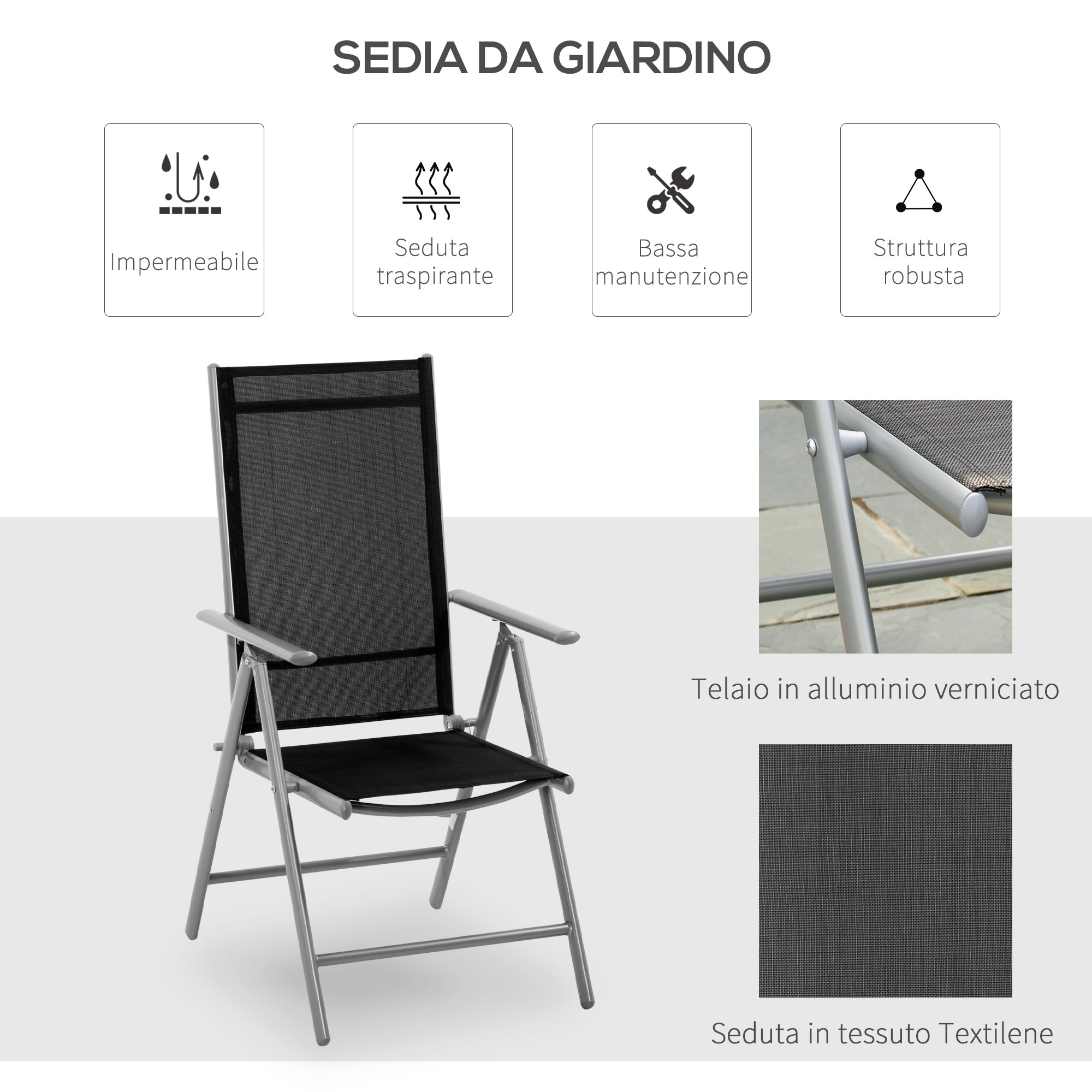 Una sedia da giardino pieghevole nera in tessuto Textilene e alluminio.