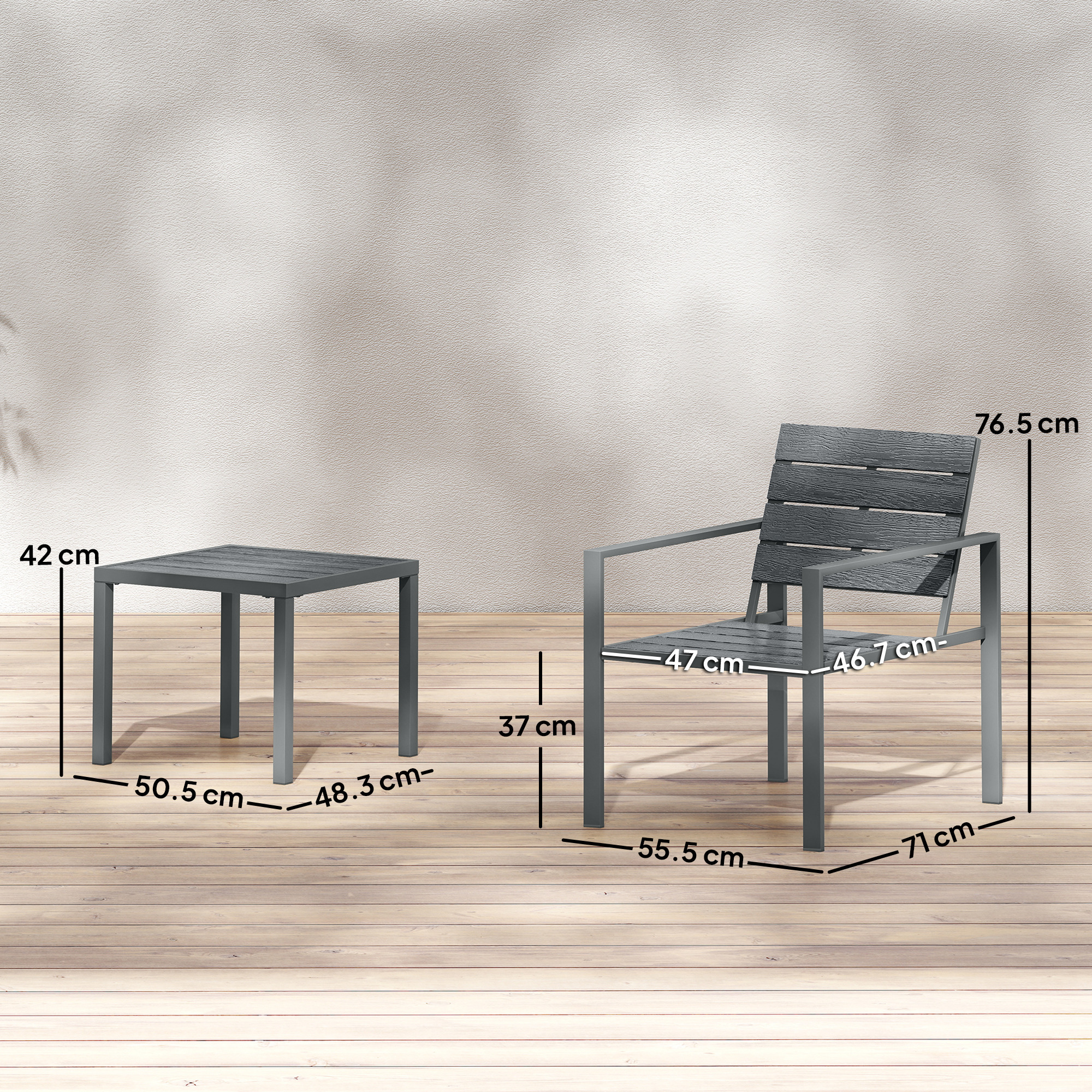 Tavolo e sedia grigi su piano in legno con dimensioni.