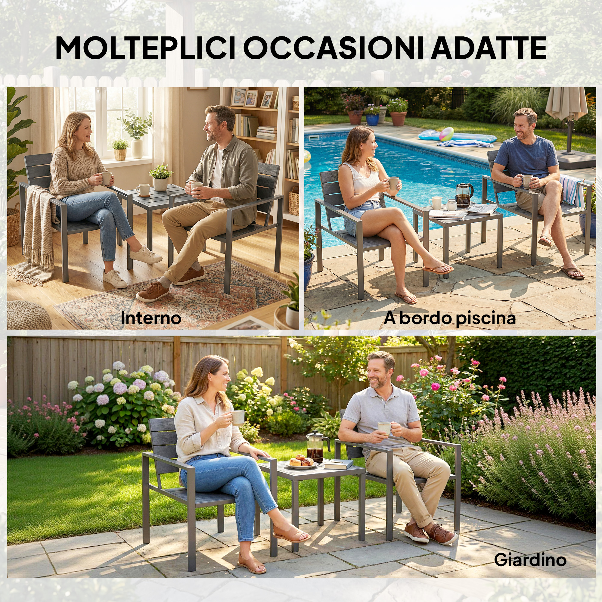 Tre scene di coppie che bevono caffè al chiuso, a bordo piscina e in giardino.