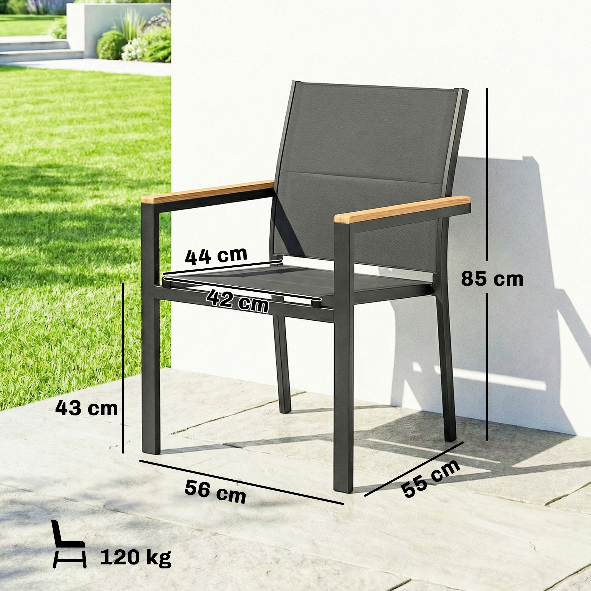 Una sedia grigia con braccioli in legno, dimensioni indicate. Carico max 120 kg.