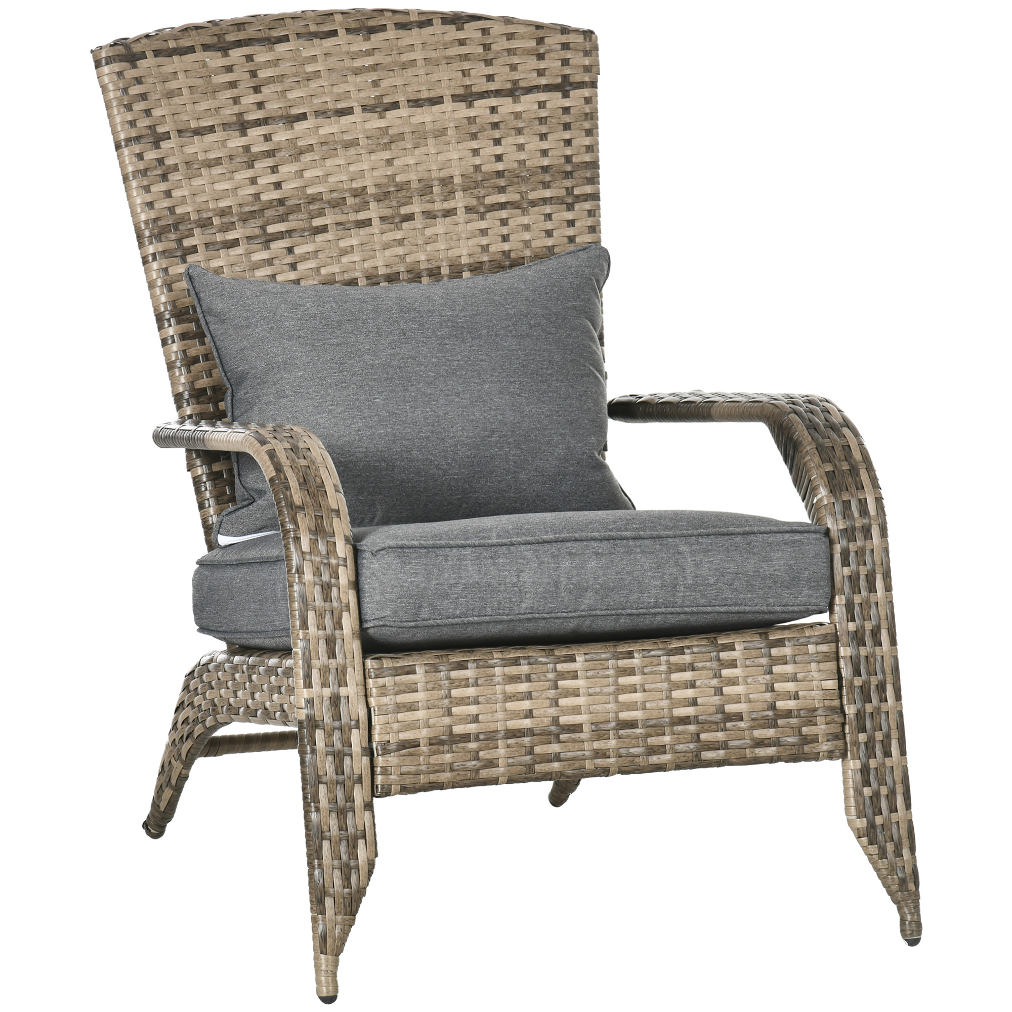 Sedia in rattan marrone con cuscini grigi, sfondo bianco.